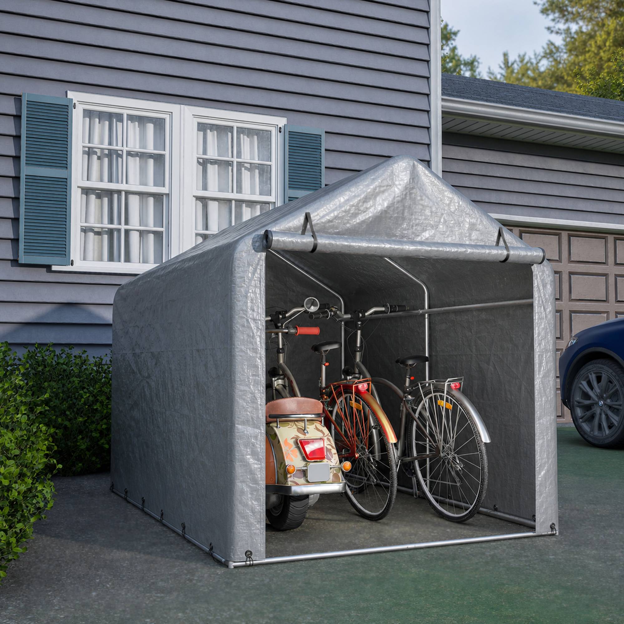 Abri de stockage porte enroulable 220×160×165 cm, bâche étanche anti-UV, acier galvanisé gris - Image 1