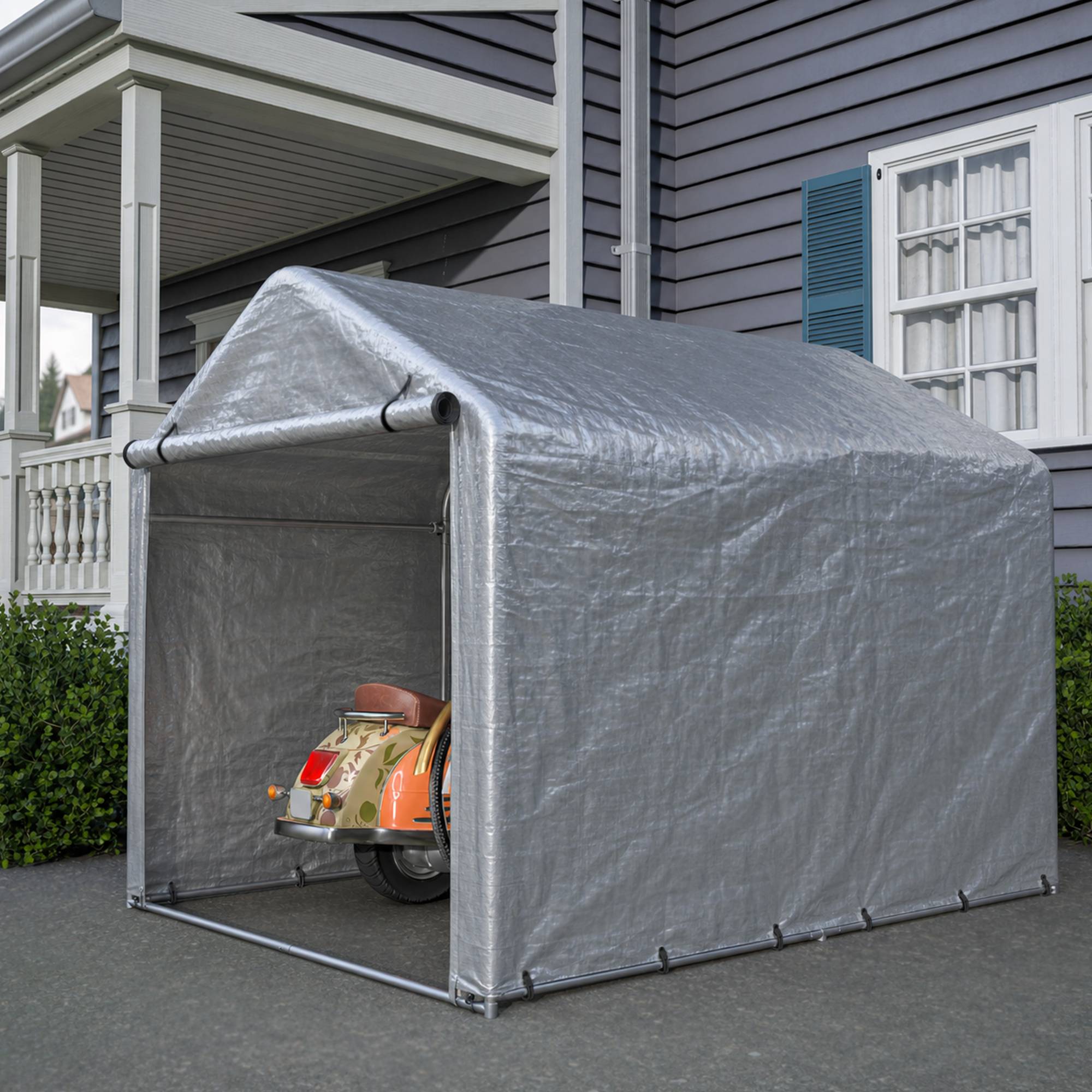 Abri de stockage porte enroulable 220×160×165 cm, bâche étanche anti-UV, acier galvanisé gris - Image 5