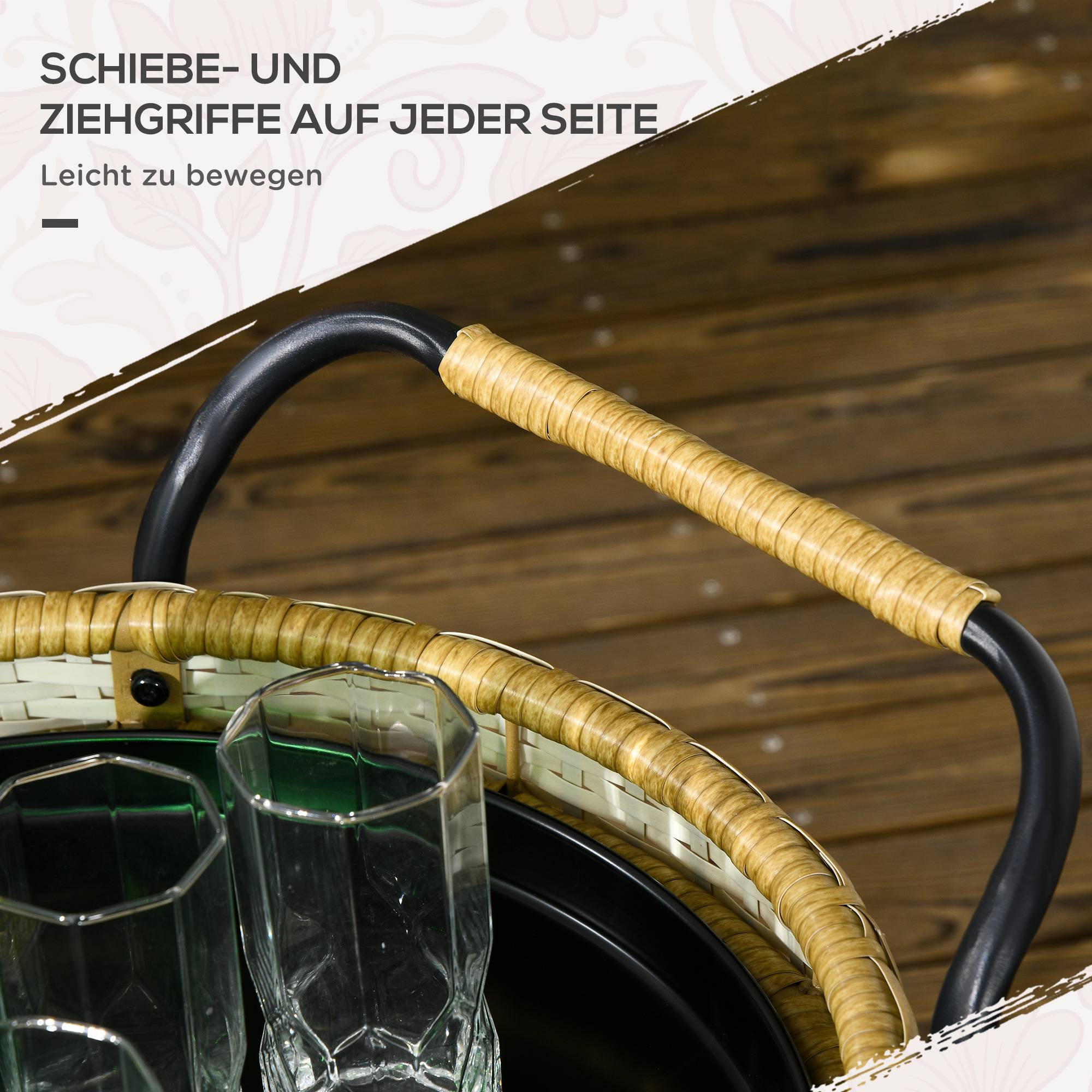 ComfortXL - Desserte de jardin acier et résine tressée jaune Ø50 x 66 cm 2 niveaux roulettes freinées service extérieur - Image 7