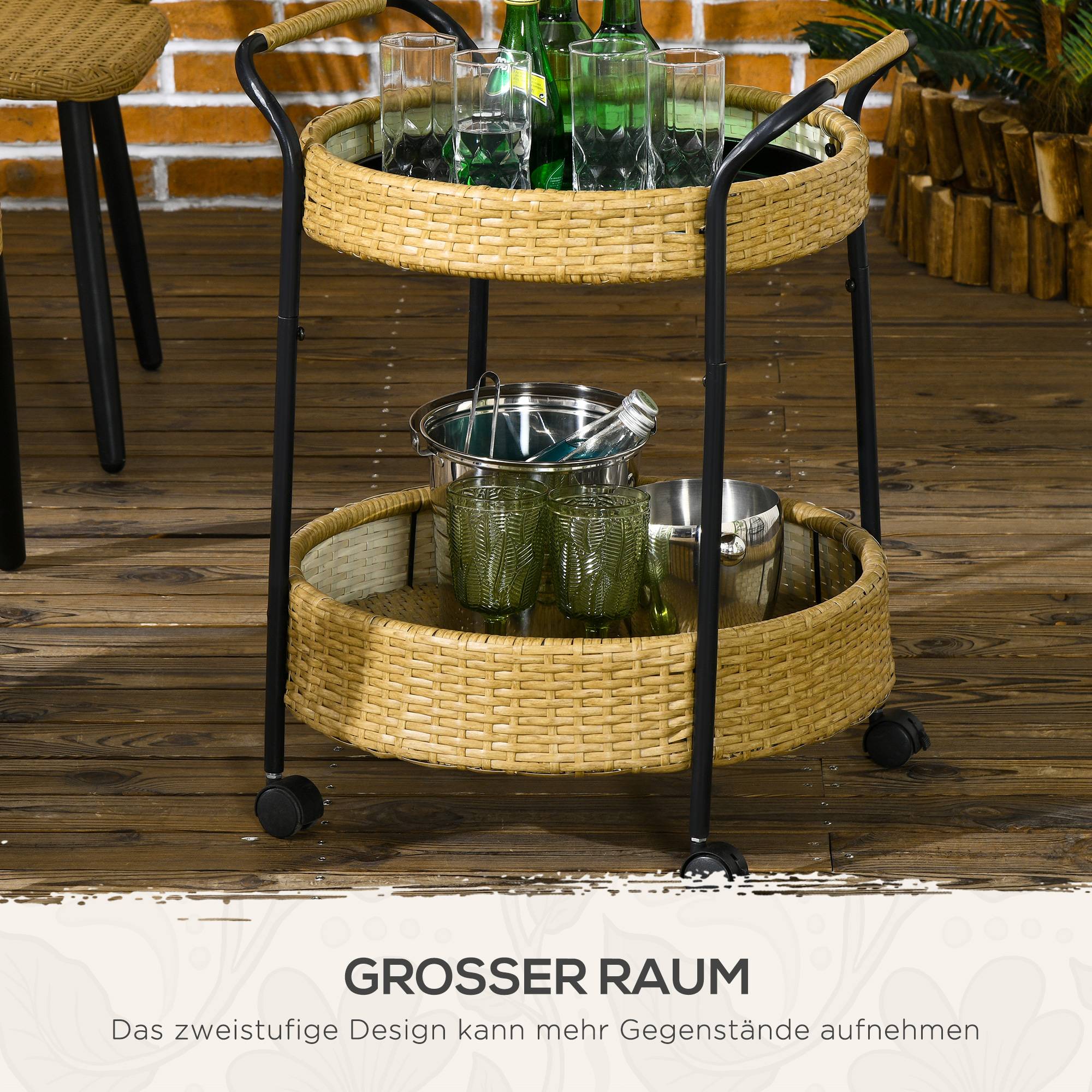ComfortXL - Desserte de jardin acier et résine tressée jaune Ø50 x 66 cm 2 niveaux roulettes freinées service extérieur - Image 6