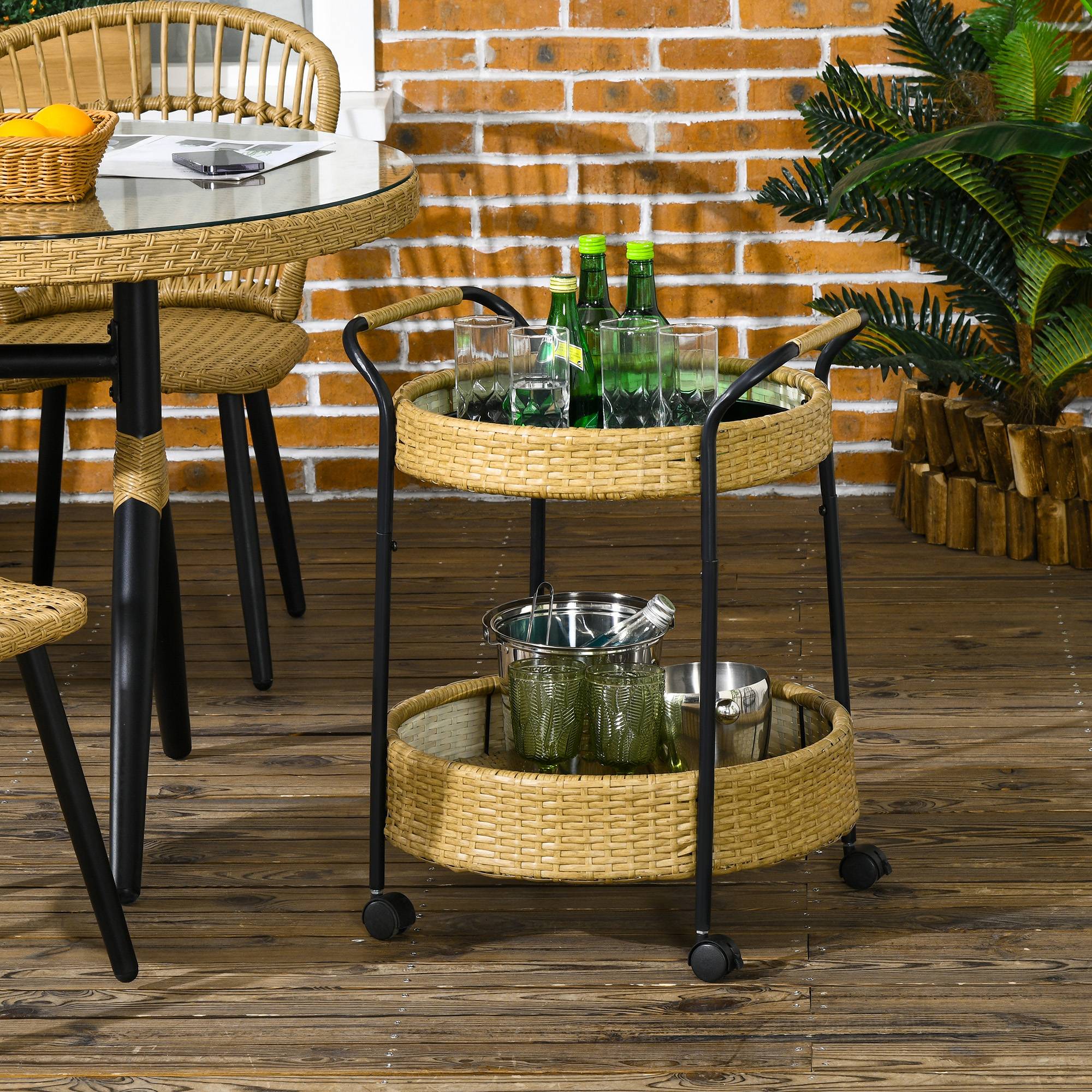ComfortXL - Desserte de jardin acier et résine tressée jaune Ø50 x 66 cm 2 niveaux roulettes freinées service extérieur - Image 1