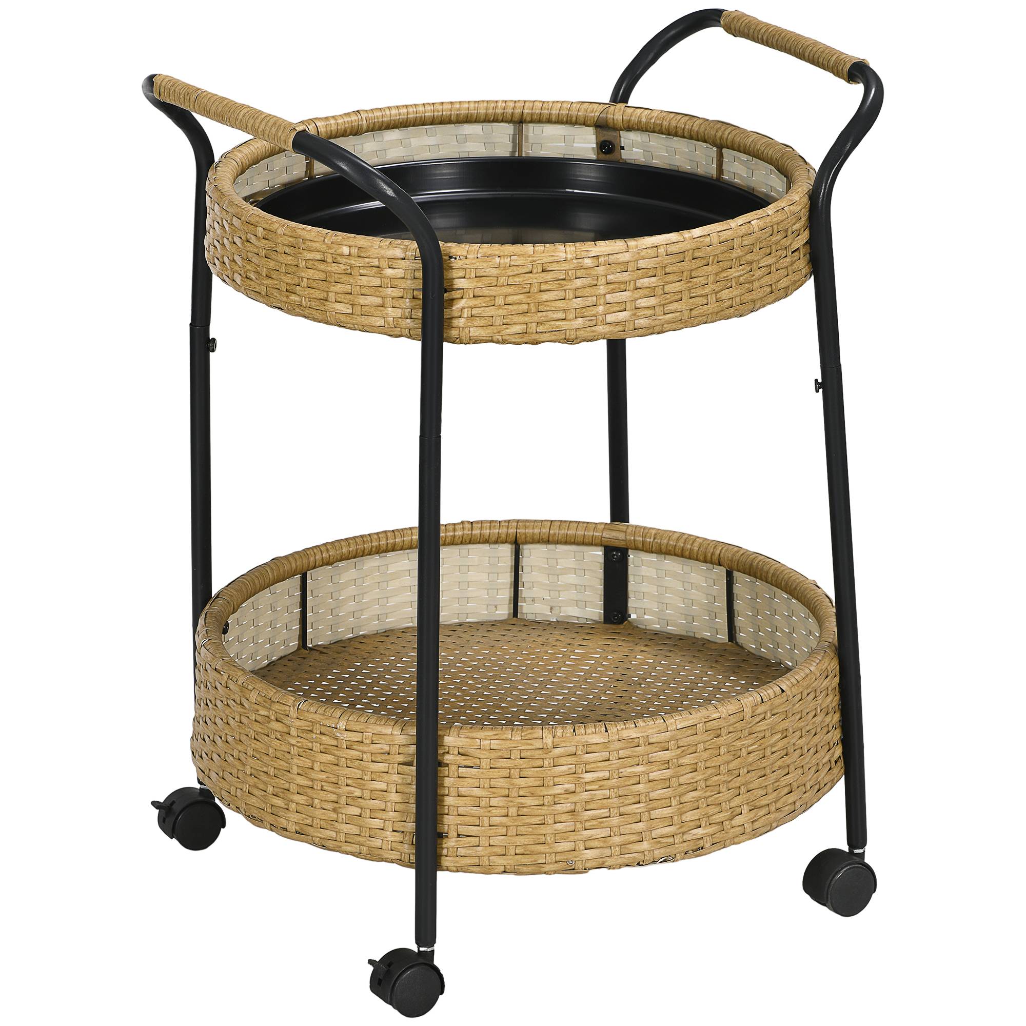 ComfortXL - Desserte de jardin acier et résine tressée jaune Ø50 x 66 cm 2 niveaux roulettes freinées service extérieur - Image 10
