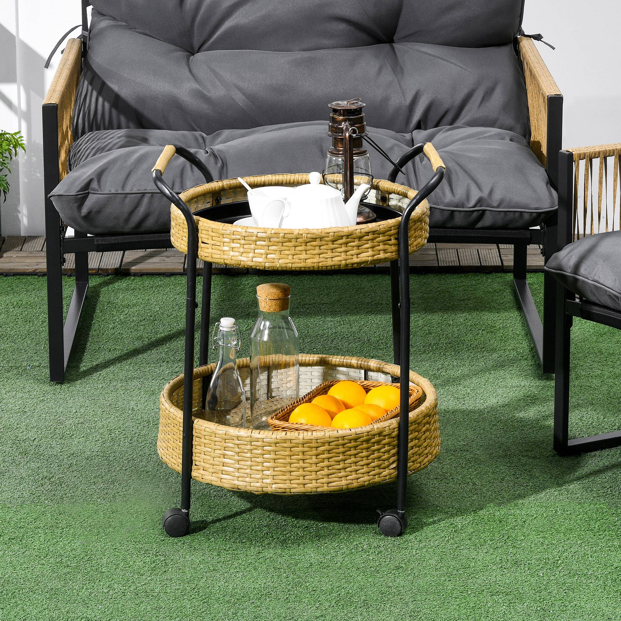 ComfortXL - Desserte de jardin acier et résine tressée jaune Ø50 x 66 cm 2 niveaux roulettes freinées service extérieur - Image 8