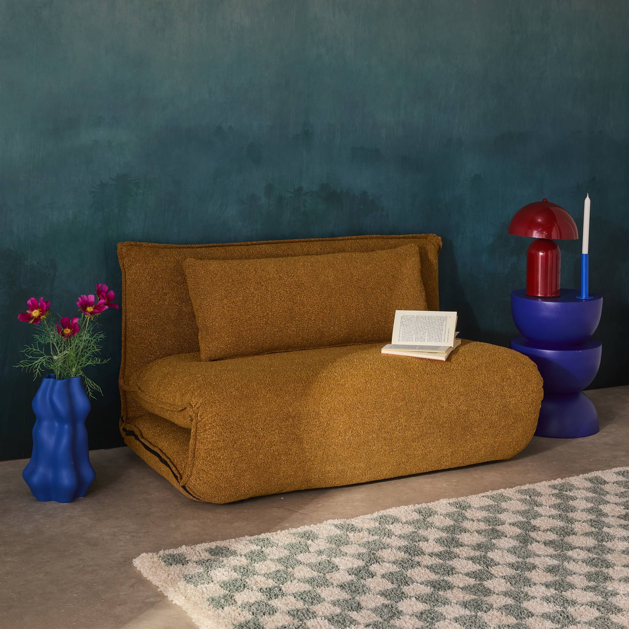 sweeek - Chauffeuse convertible 2 places en bouclette texturée moutarde L 120 x P 80 x H 66 cm - Fleeep | sweeek - Image 4