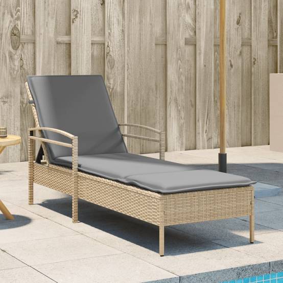 Chaise longue | Transat | Bain de soleil avec coussin beige 63x200x81 cm résine tressée - Image 2