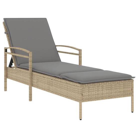 Chaise longue | Transat | Bain de soleil avec coussin beige 63x200x81 cm résine tressée - Image 1