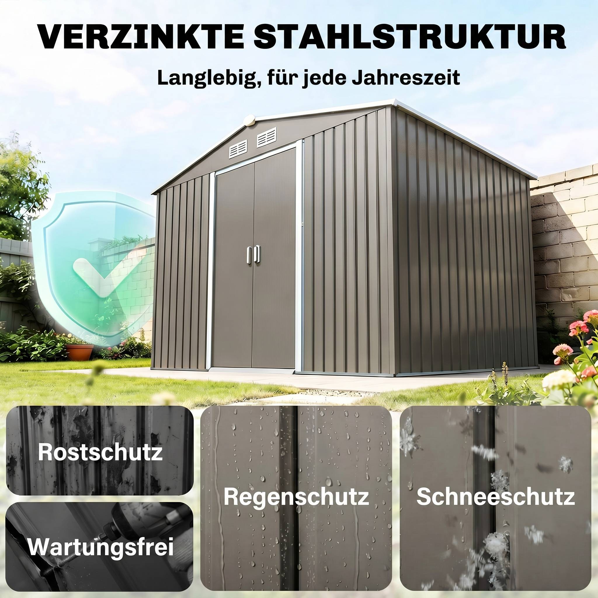 Abri de jardin 5,4 m² 2,77 x 1,95 x 1,92 m kit de fondation porte coulissante ventilations acier galvanisé, gris - Image 6