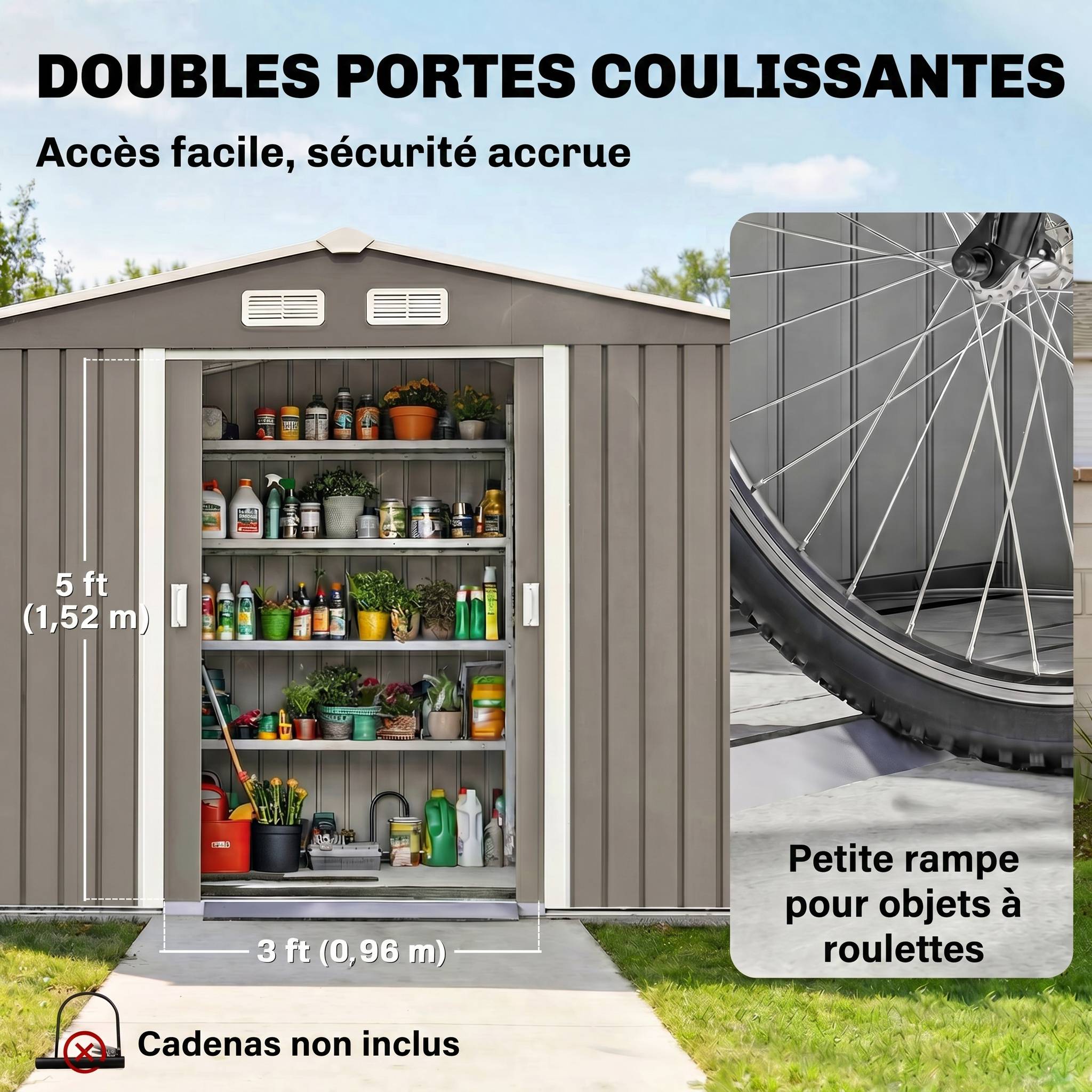 Abri de jardin 5,4 m² 2,77 x 1,95 x 1,92 m kit de fondation porte coulissante ventilations acier galvanisé, gris - Image 7
