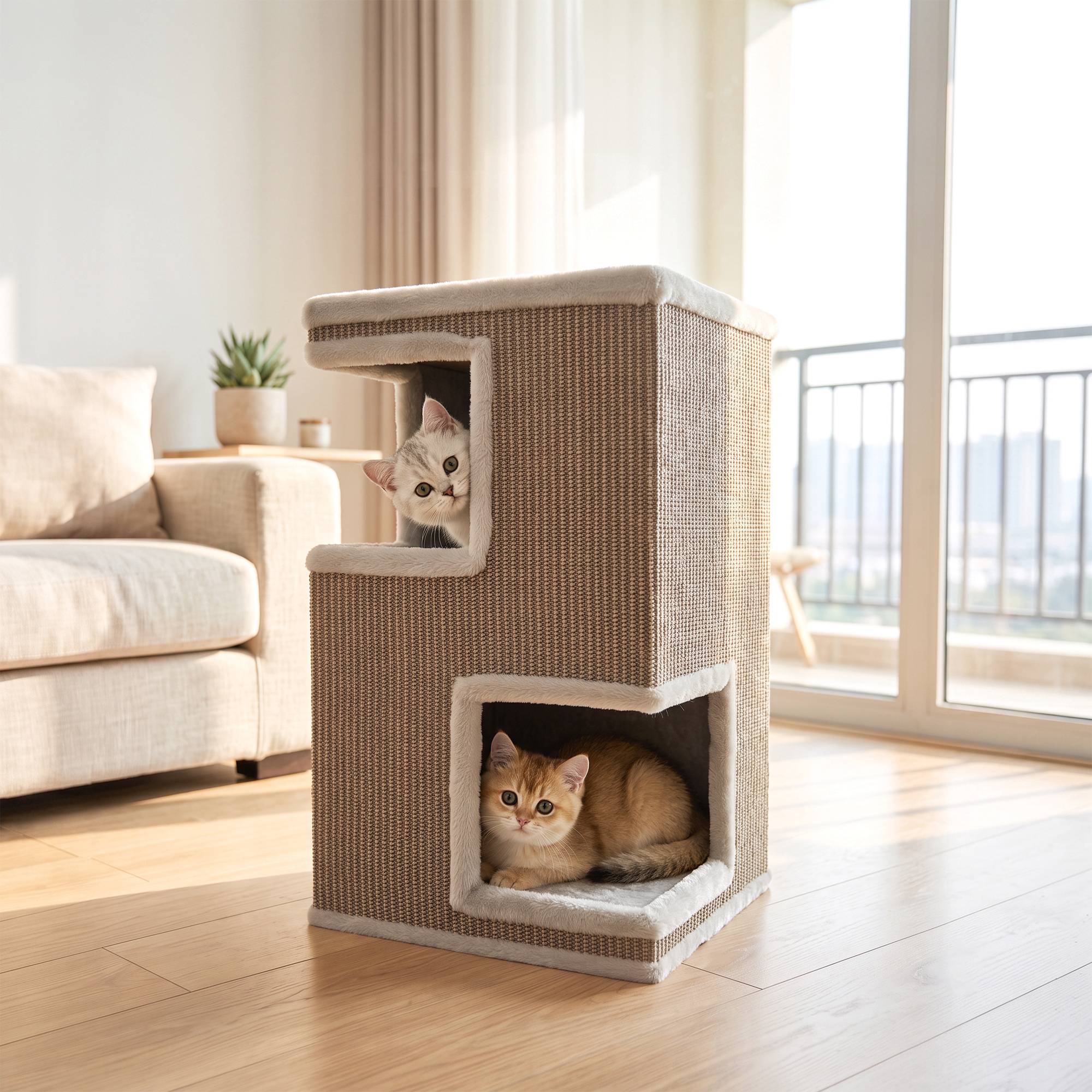 Sans Marque - Bac à litière à 3 niveaux pour chat d'intérieur, niche semi-fermée avec surfaces à griffer tout autour, 2 niches pour chats - Image 3