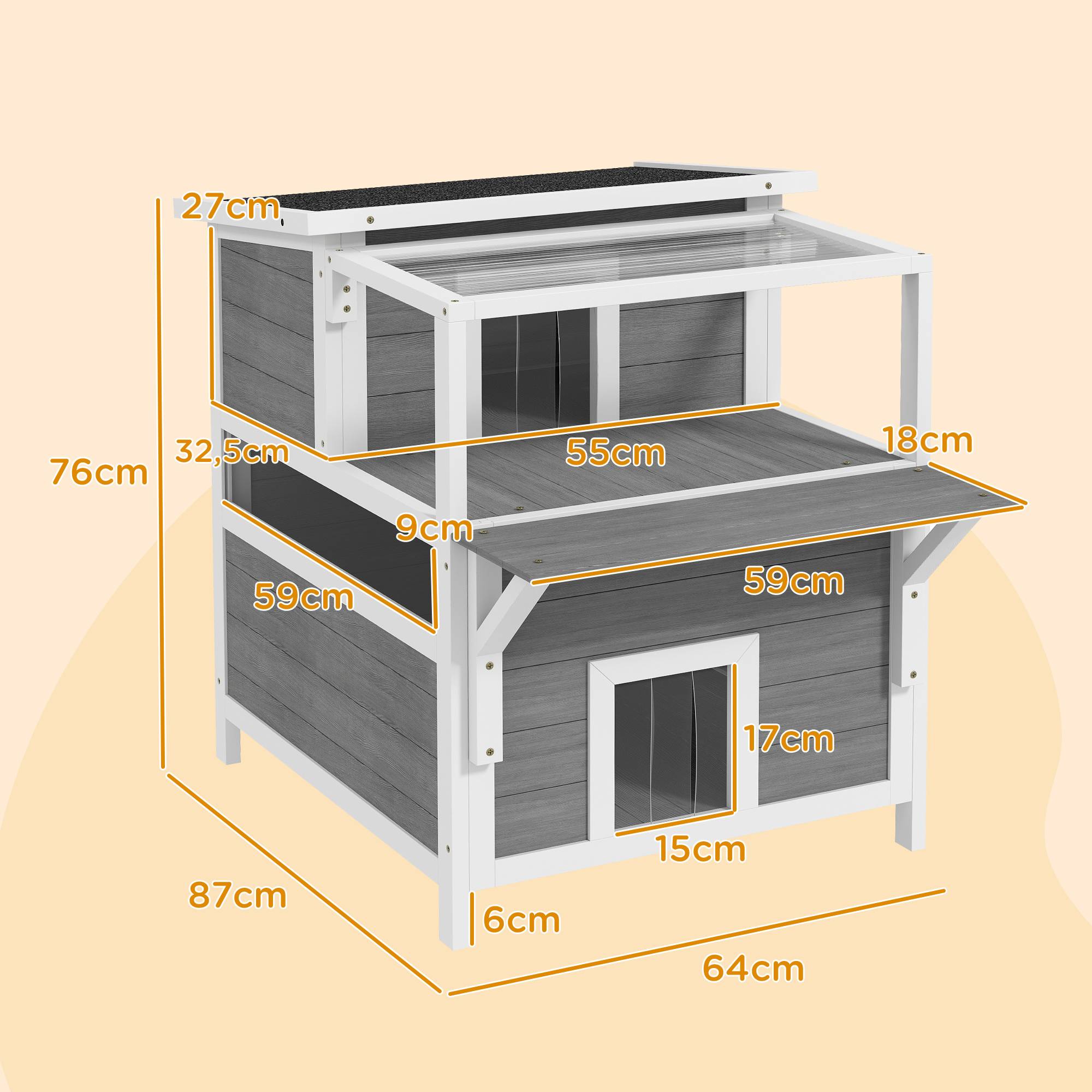 Sans Marque - Maison pour chats 2 niveaux avec balcon abrité, toit ouvrable, extérieur, intérieur, gris clair - Image 5