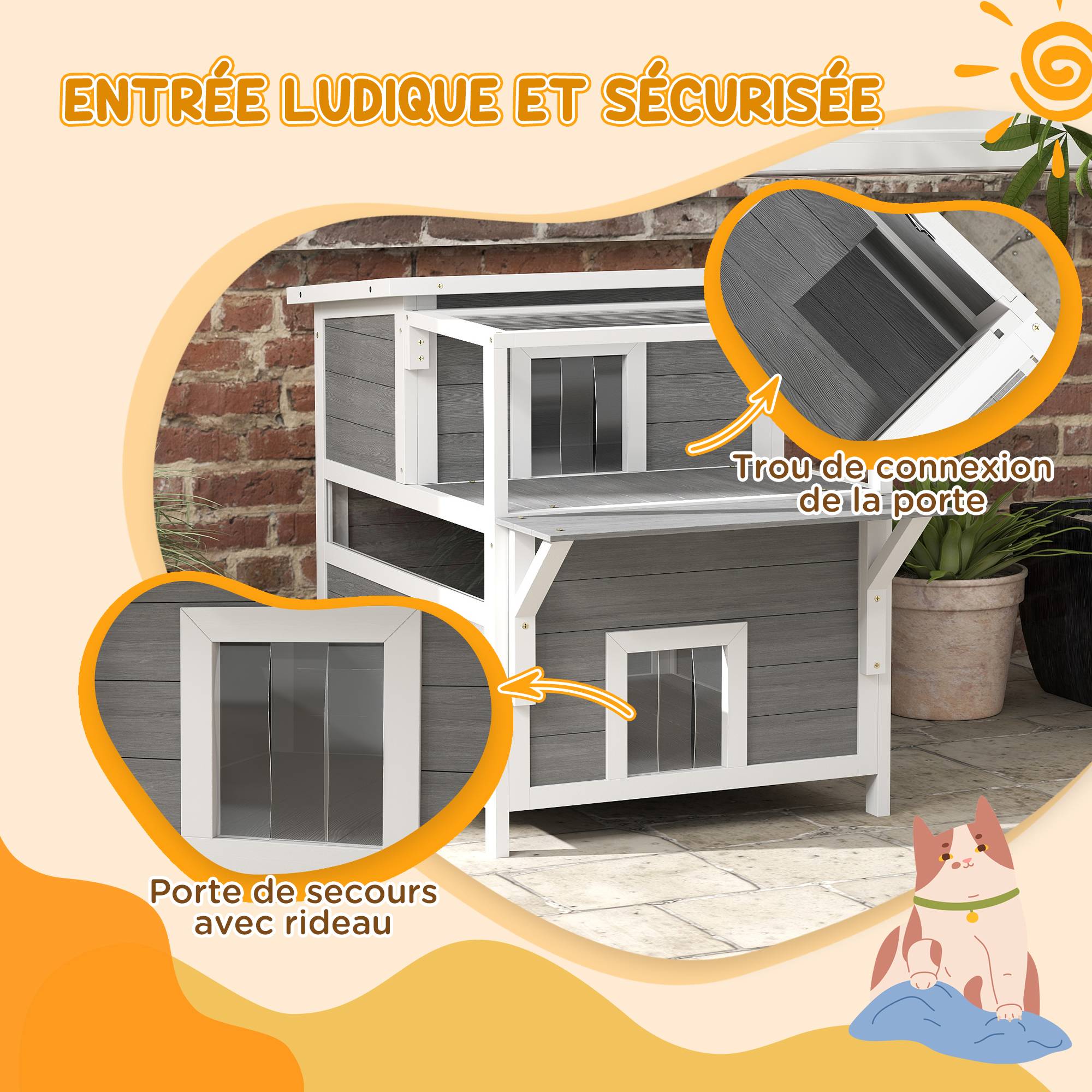 Sans Marque - Maison pour chats 2 niveaux avec balcon abrité, toit ouvrable, extérieur, intérieur, gris clair - Image 9