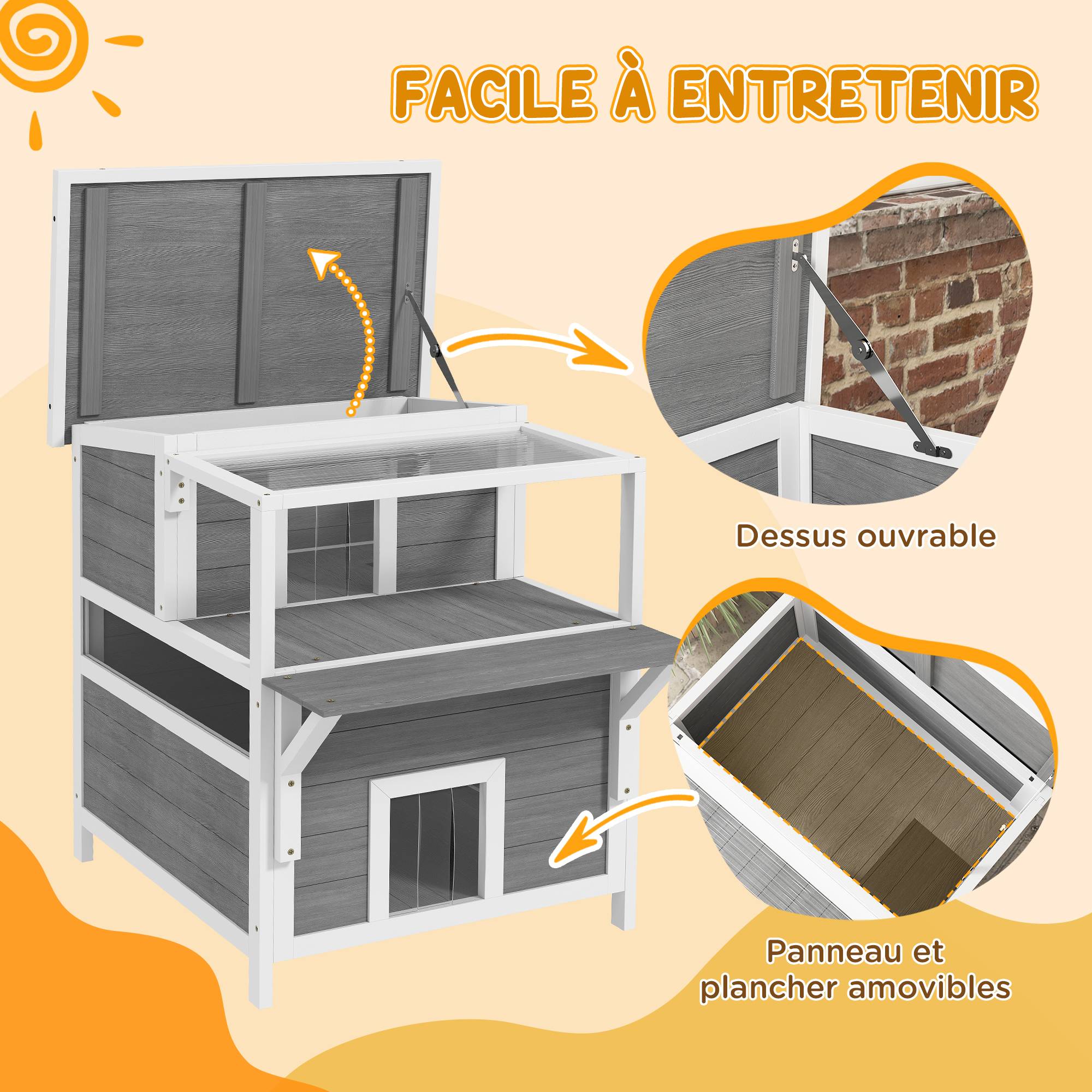 Sans Marque - Maison pour chats 2 niveaux avec balcon abrité, toit ouvrable, extérieur, intérieur, gris clair - Image 8