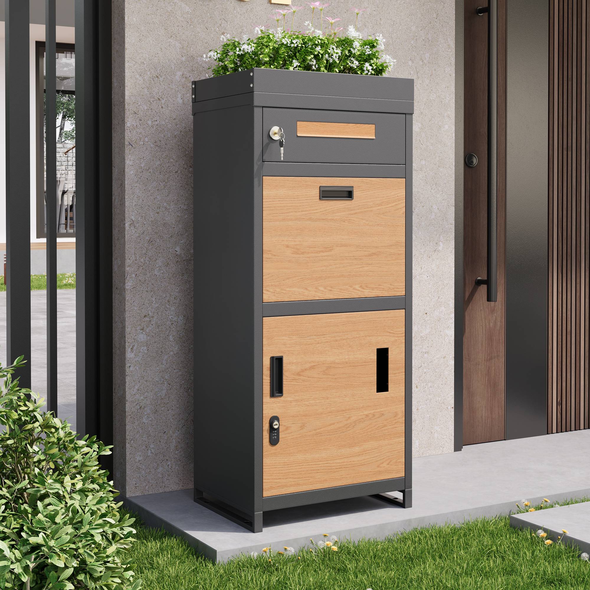 ComfortXL - Boîte aux lettres colis acier avec jardinière extérieur sécurisée 50x37x118cm gris bois - ComfortXL Outdoor Living - Image 1
