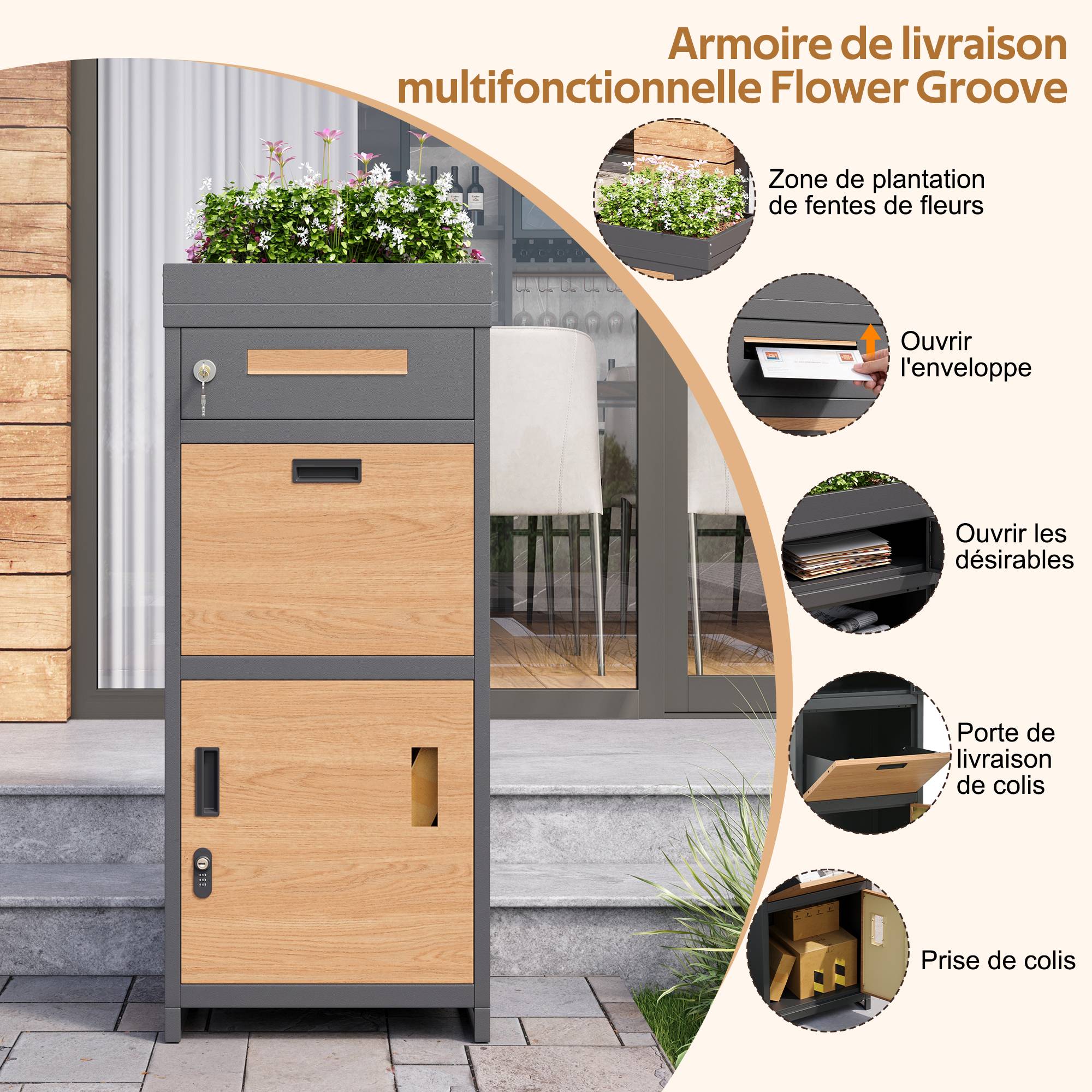 ComfortXL - Boîte aux lettres colis acier avec jardinière extérieur sécurisée 50x37x118cm gris bois - ComfortXL Outdoor Living - Image 4