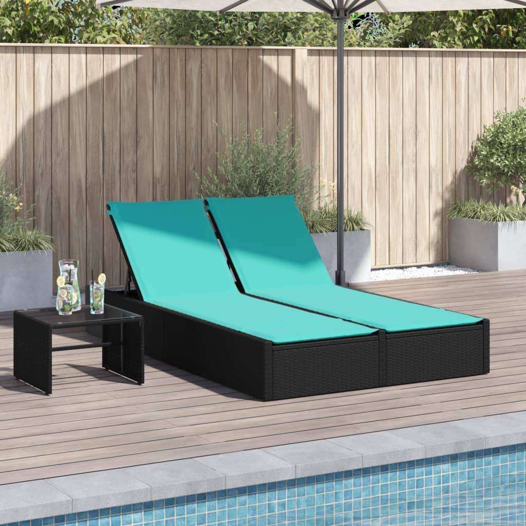 Chaise longue double avec coussins en polyrotin noir 123 x 200 x 28/46/61/72 cm - PANGIVO - Image 1