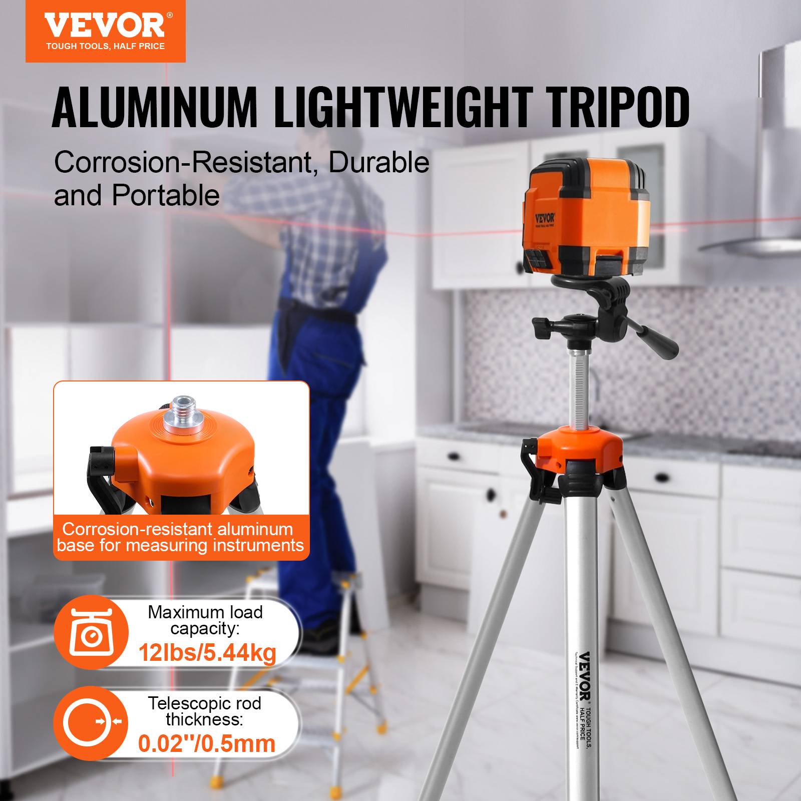 Vevor - VEVOR Trépied de Niveau Laser Filetage 1/4''-20 Réglable en Hauteur 695-1750 mm - Image 2