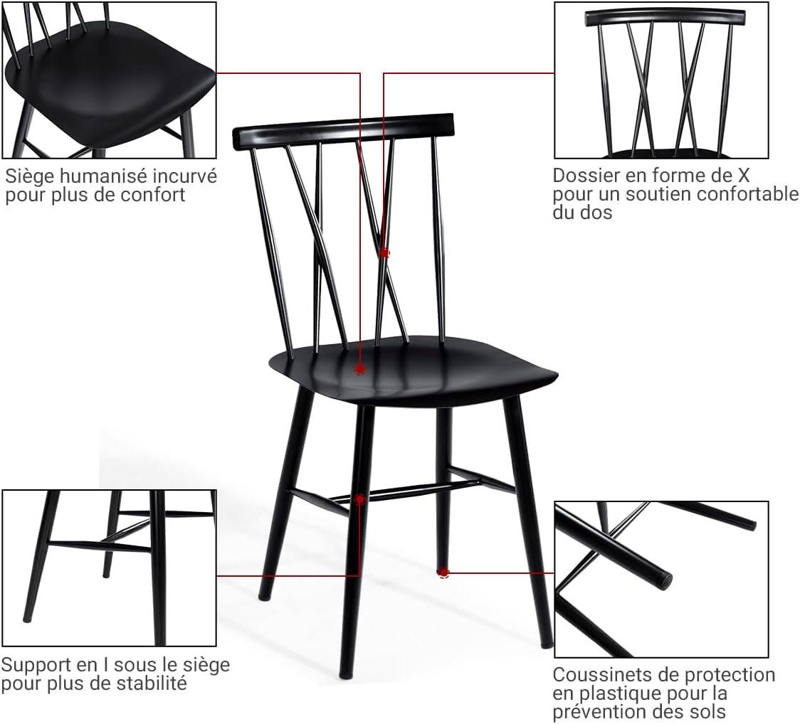 Chaise Salle à Manger Lot de 2,Chaise Cuisine en Métal, Hauteur d'Assise 43,5 cm,Charge 150 KG,Noir - Image 3