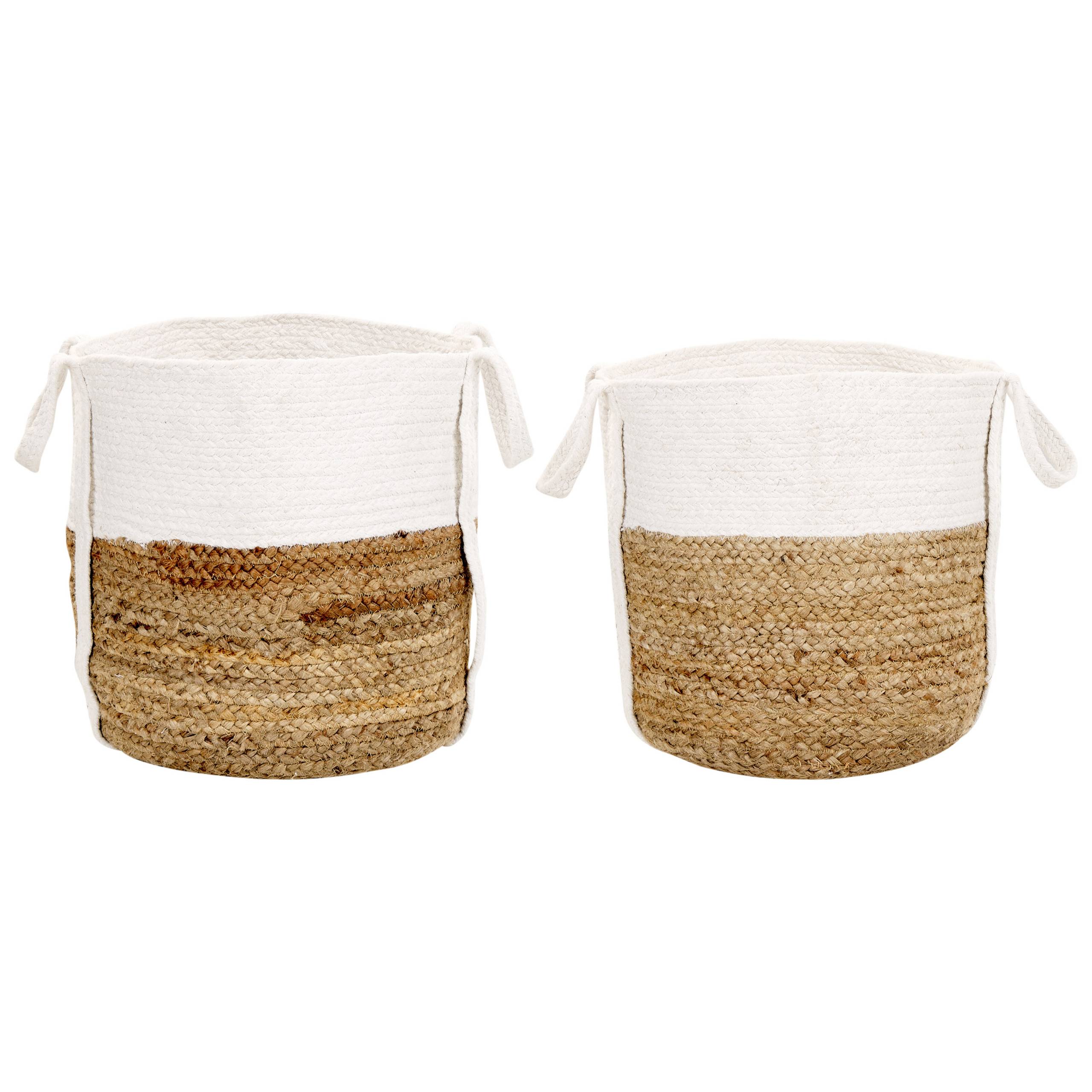 Lot de 2 Paniers de Rangement en Jute Naturel et Coton Blanc Panier à Linge Tressé Naturel et Blanc - Image 1