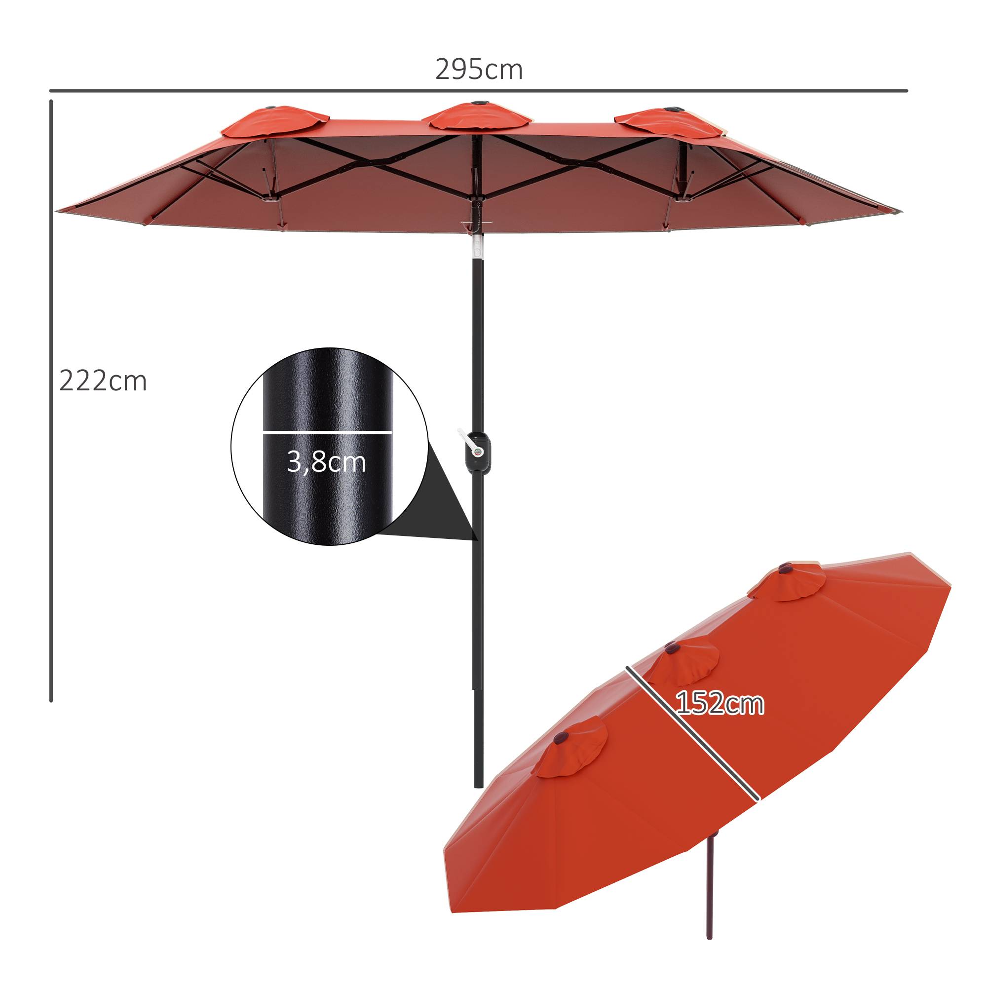 ComfortXL - Parasol Double Rectangulaire Acier pour Jardin Terrasse Inclinable avec Manivelle 2.95x1.52m Rouge - ComfortXL Outdoor Living - Image 5