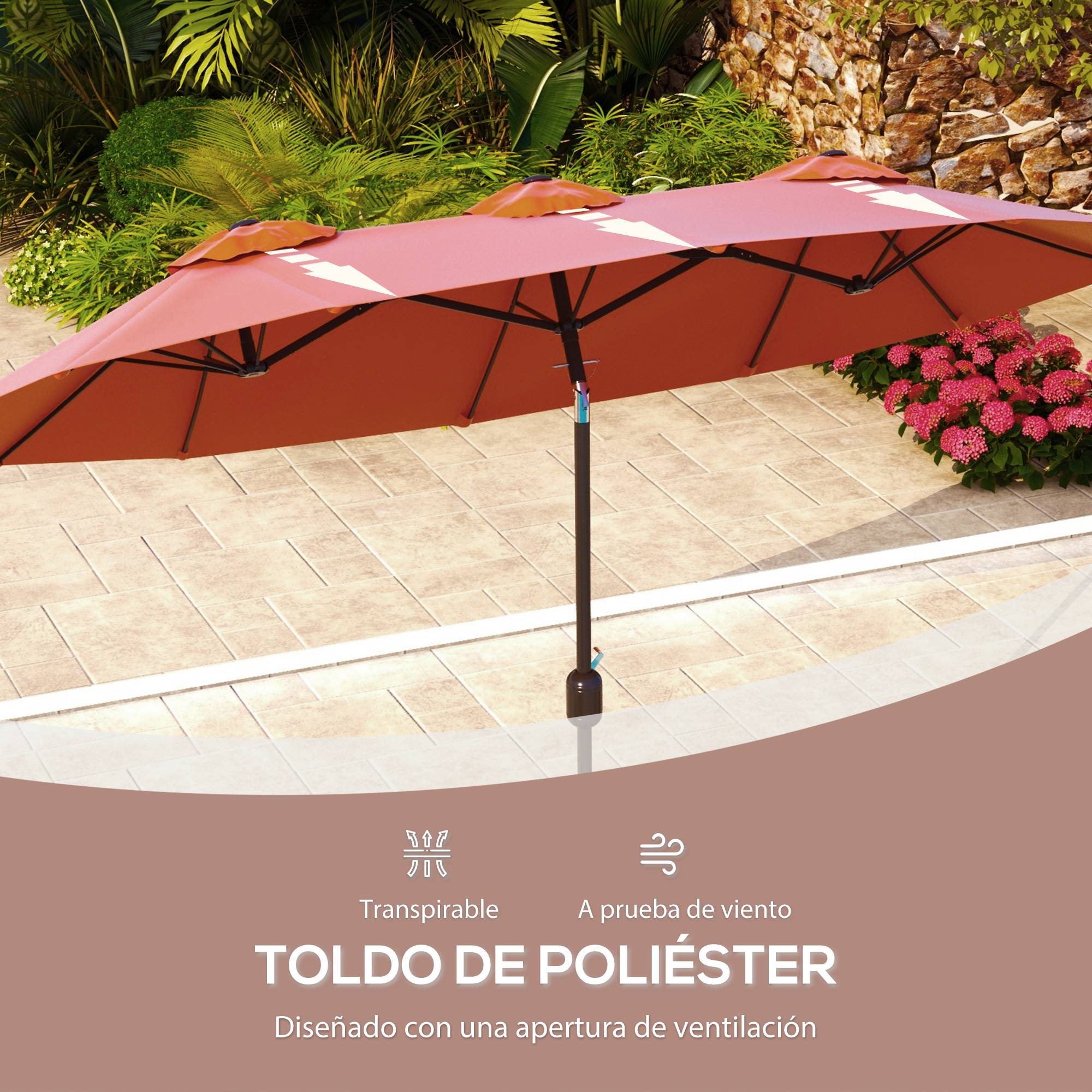 ComfortXL - Parasol Double Rectangulaire Acier pour Jardin Terrasse Inclinable avec Manivelle 2.95x1.52m Rouge - ComfortXL Outdoor Living - Image 9