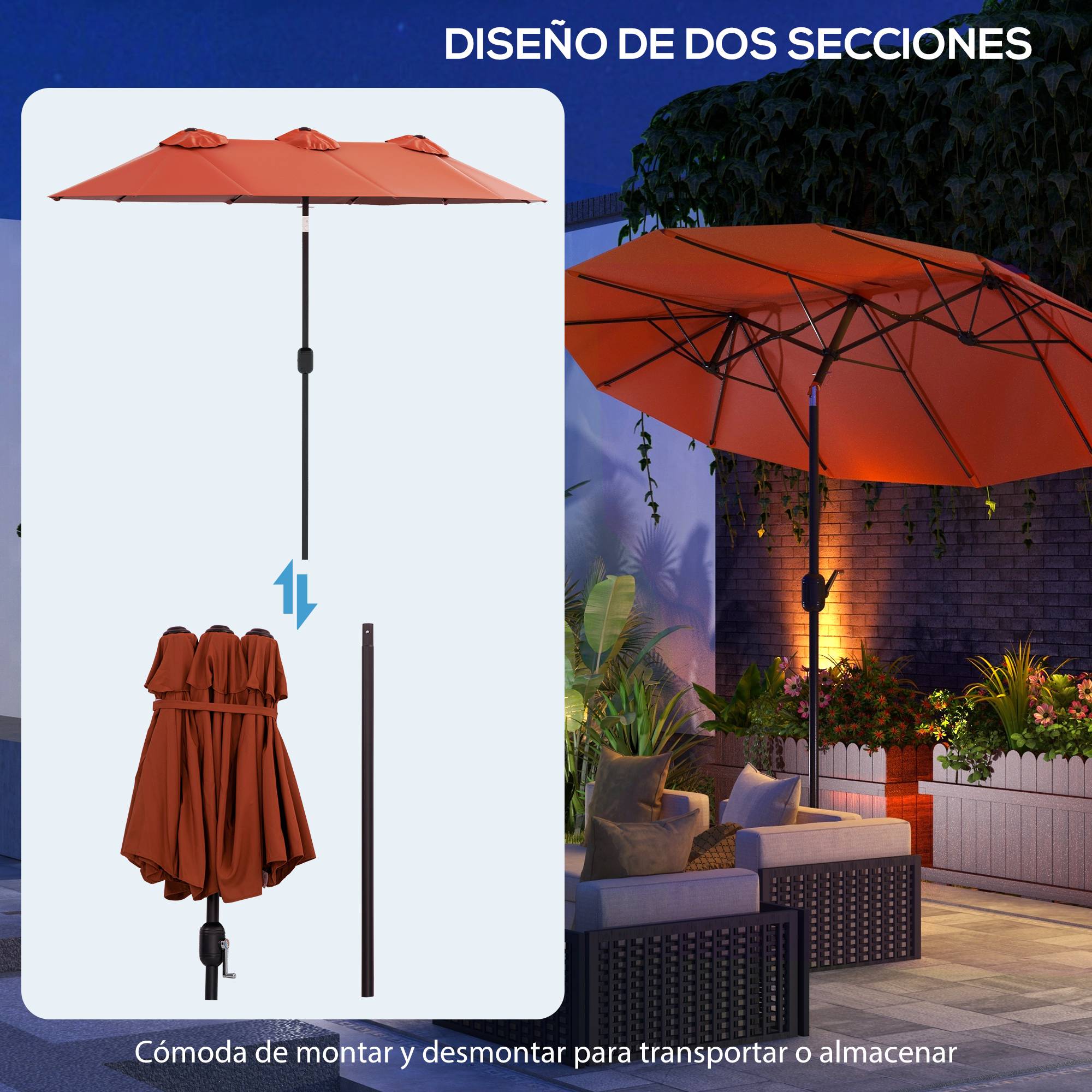 ComfortXL - Parasol Double Rectangulaire Acier pour Jardin Terrasse Inclinable avec Manivelle 2.95x1.52m Rouge - ComfortXL Outdoor Living - Image 10
