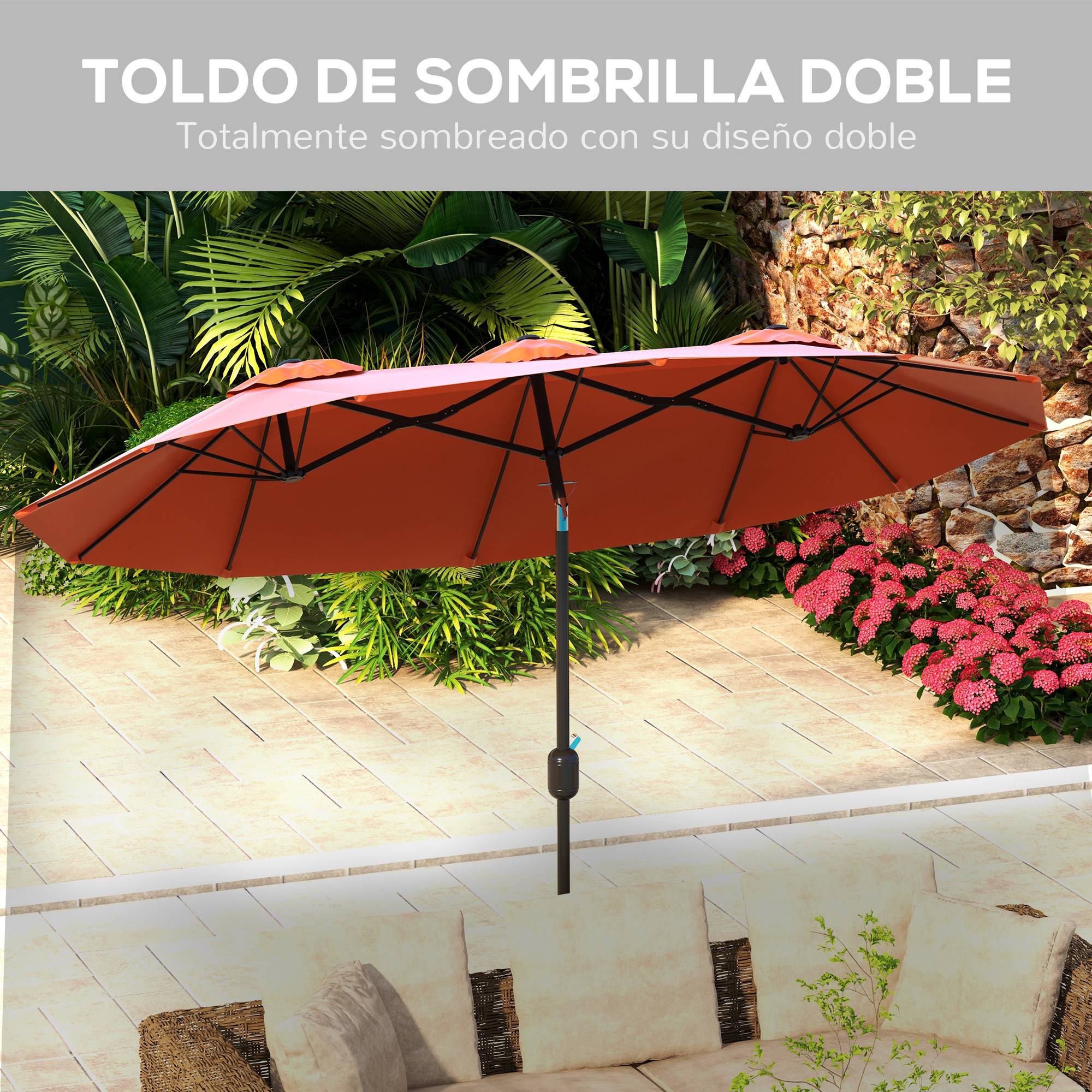 ComfortXL - Parasol Double Rectangulaire Acier pour Jardin Terrasse Inclinable avec Manivelle 2.95x1.52m Rouge - ComfortXL Outdoor Living - Image 7