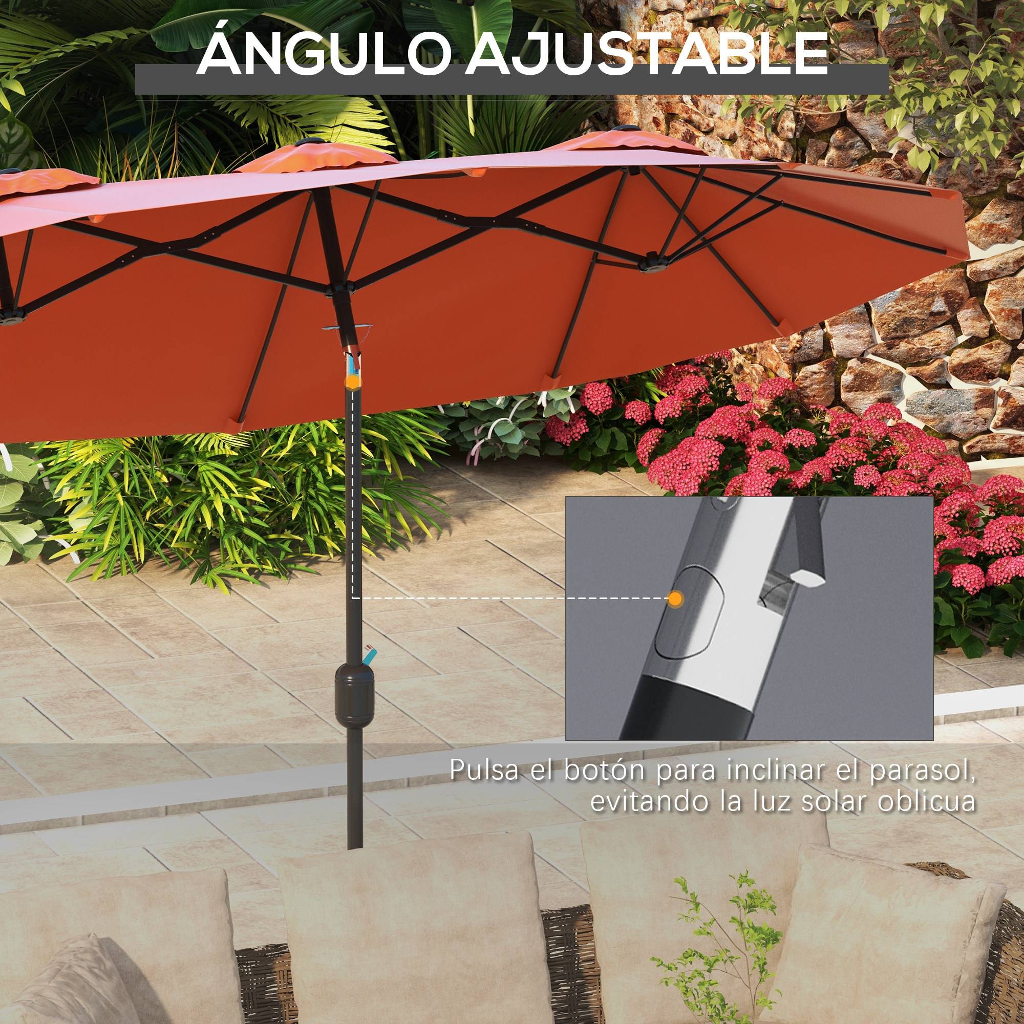 ComfortXL - Parasol Double Rectangulaire Acier pour Jardin Terrasse Inclinable avec Manivelle 2.95x1.52m Rouge - ComfortXL Outdoor Living - Image 6