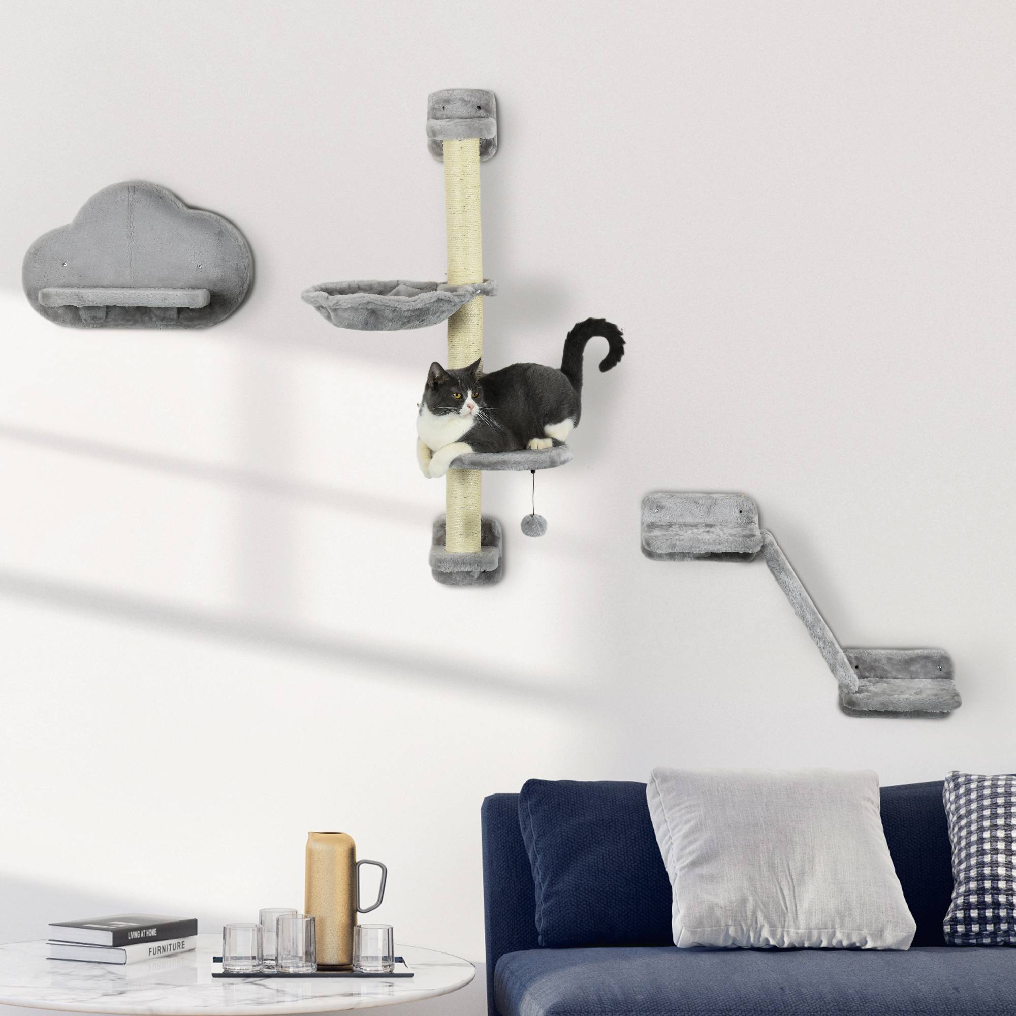 Sans Marque - Juego de Pared de Escalada para Gatos de 3 Piezas con Hamaca Rampa con Rascador Plataforma en Forma de Nube Gris - Image 3