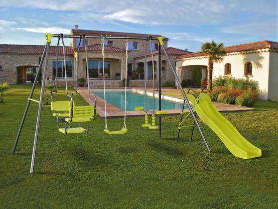 Portique En Métal Avec Toboggan "ludo Ii" Avec 4 Agrès - Vert -habitat Et Jardin - Image 2