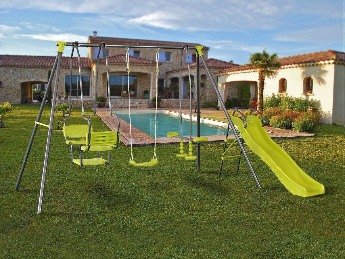 Portique En Métal Avec Toboggan "ludo Ii" Avec 4 Agrès - Vert -habitat Et Jardin - Image 2