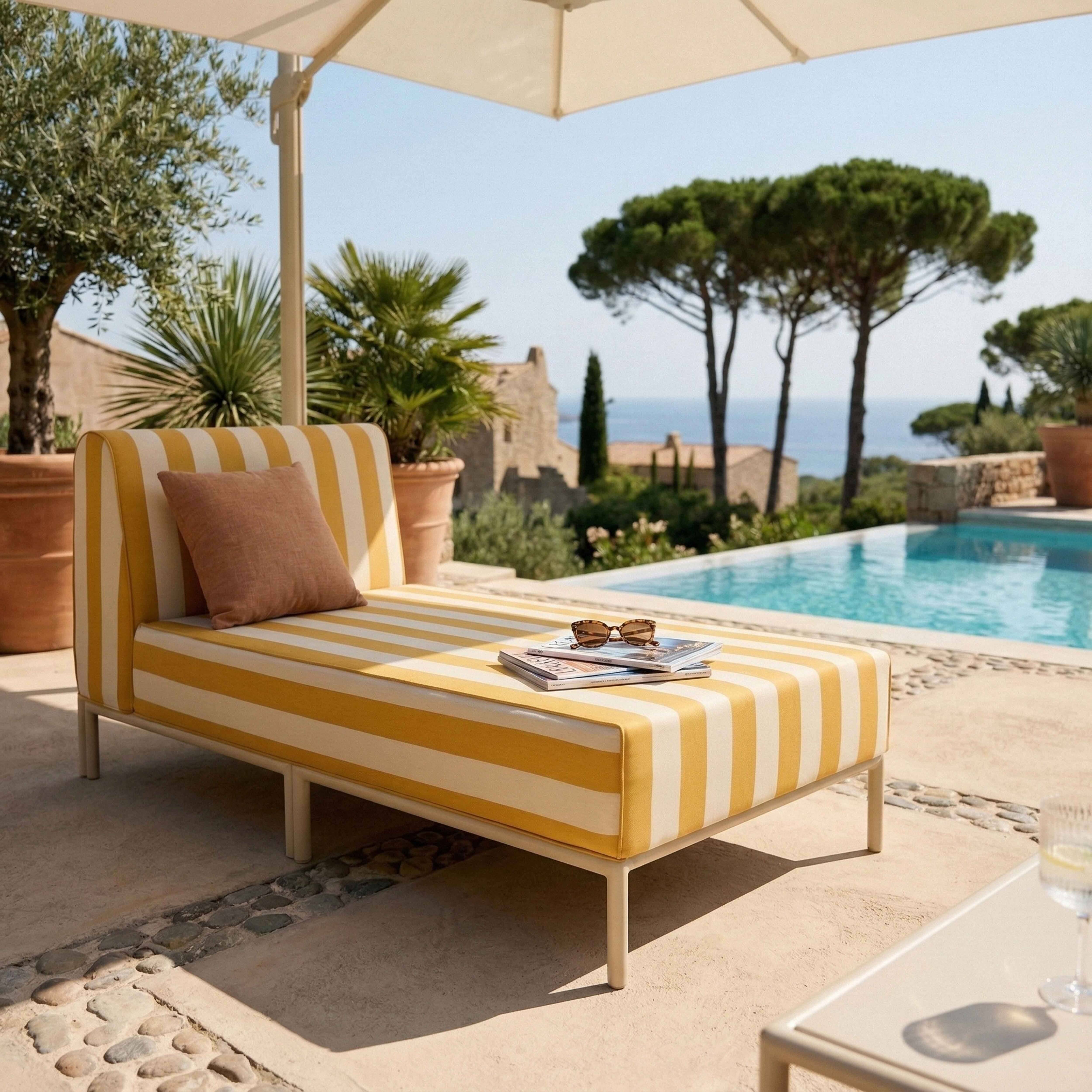 Oviala - Méridienne rayée pour salon de jardin modulable en tissu jaune clair Patio - Oviala - Image 2