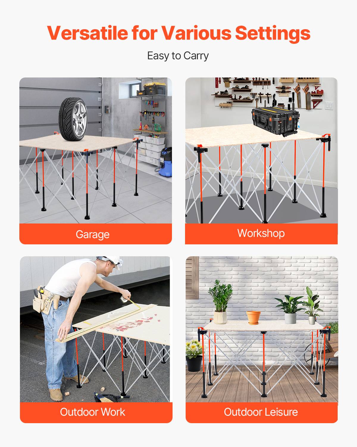 Vevor - VEVOR Châssis pliable 126,4x126,4 cm, support de travail 1 589 kg, sans assemblage, pieds d’établi portables, sac de rangement inclus - Image 7