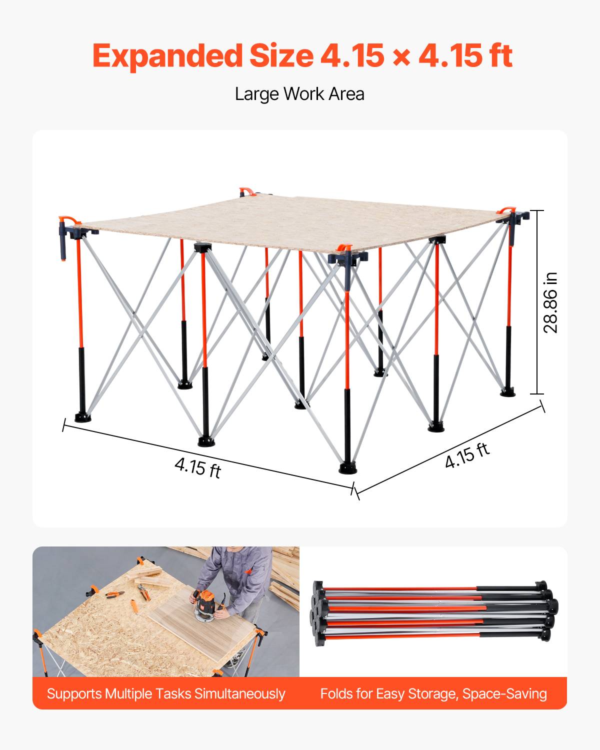 Vevor - VEVOR Châssis pliable 126,4x126,4 cm, support de travail 1 589 kg, sans assemblage, pieds d’établi portables, sac de rangement inclus - Image 4