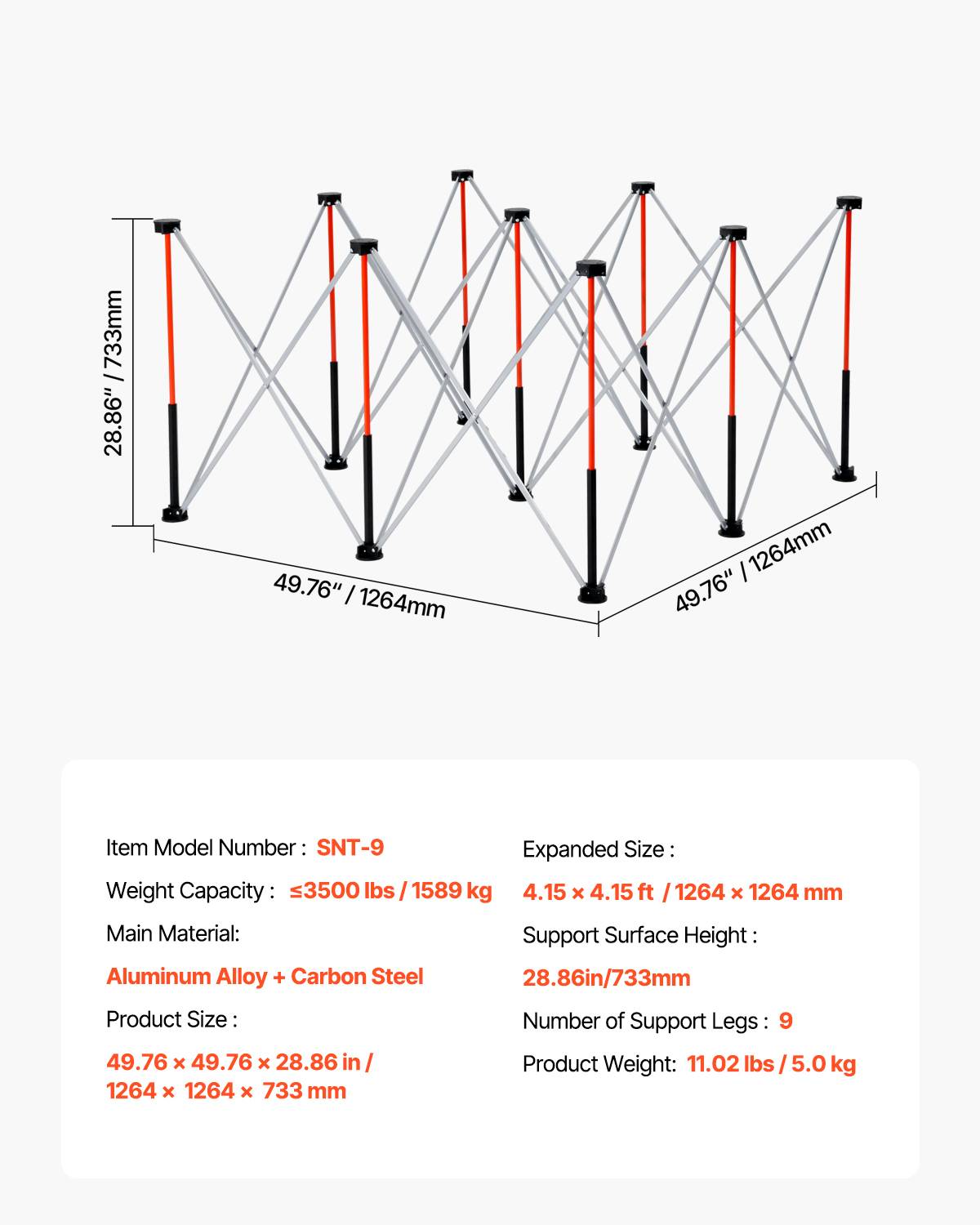 Vevor - VEVOR Châssis pliable 126,4x126,4 cm, support de travail 1 589 kg, sans assemblage, pieds d’établi portables, sac de rangement inclus - Image 6