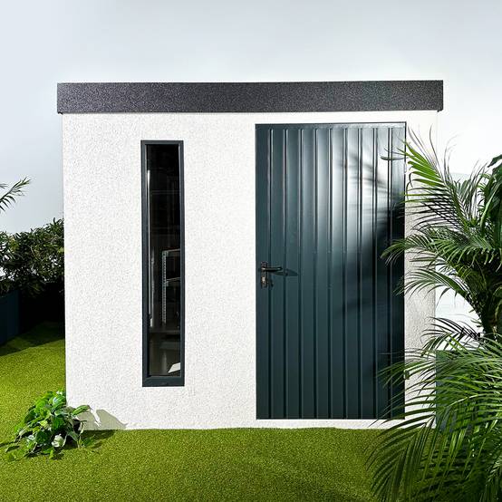 Abri de jardin en métal finition crépi 2500 x 3560 mm blanc avec auvent à gauche 2000 x 3560 mm anthracite - Image 2