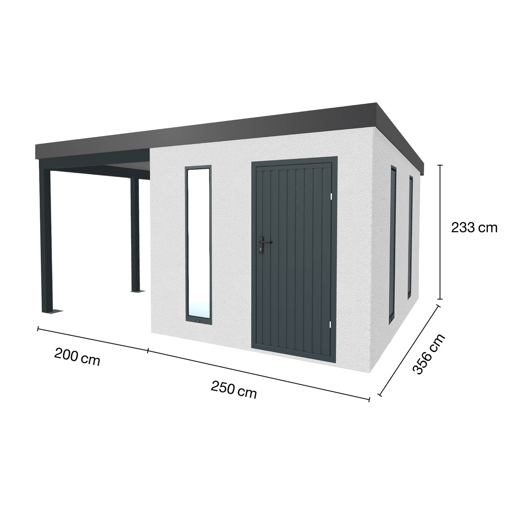 Abri de jardin en métal finition crépi 2500 x 3560 mm blanc avec auvent à gauche 2000 x 3560 mm anthracite - Image 1