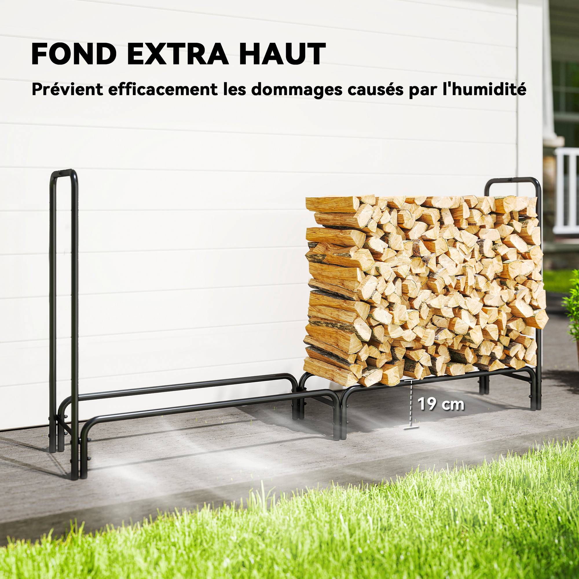 Range buches extérieur, abri buches, avec housse en PE, base surélevée, pour extérieur, 200 x 36 x 99 cm, métal, noir - Image 7