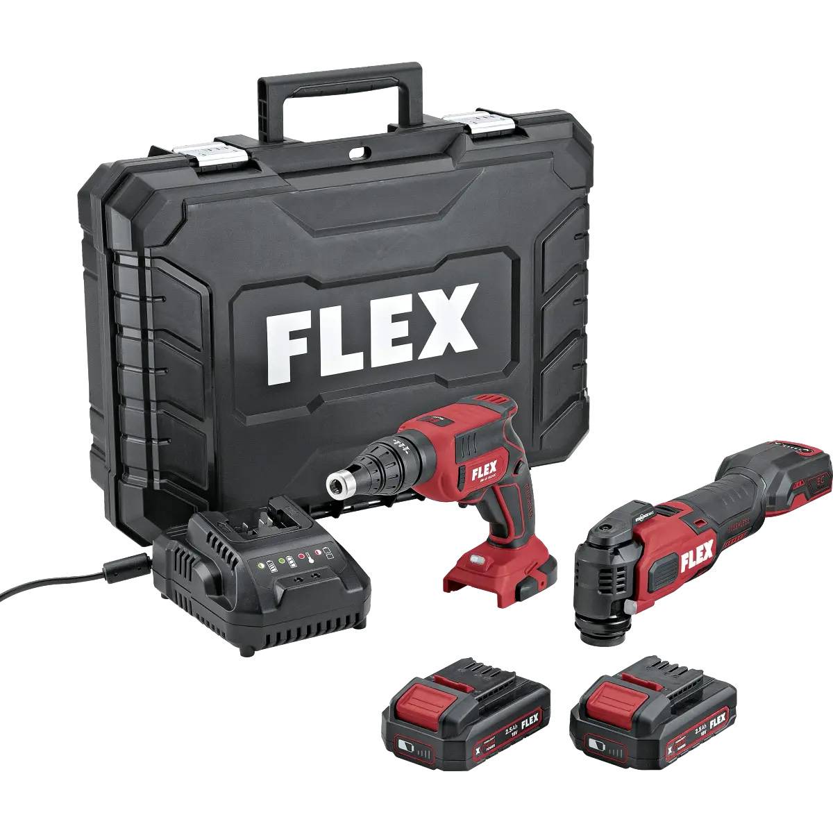 Set visseuse pour cloisons sèches + outil multifonction - FLEX - avec 2 batteries 18V 2.5Ah - chargeur - mallette -532427 - Image 1