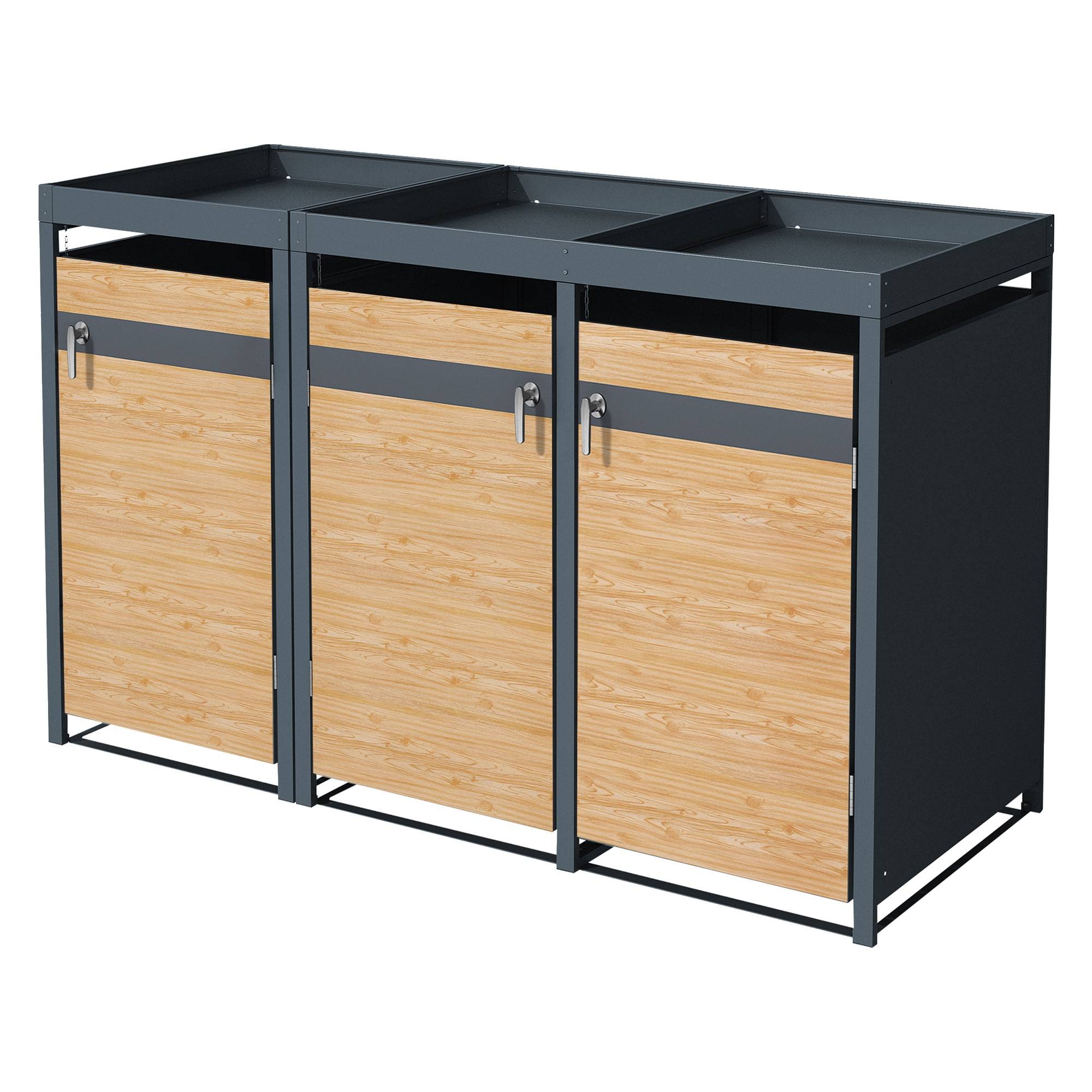 Abri pour 3 poubelles 200x80x124 cm capacité de 60L à 240L anthracite/aspect mélèze en acier avec toit pour plantes/3 portes résistant aux intempéries - Image 1