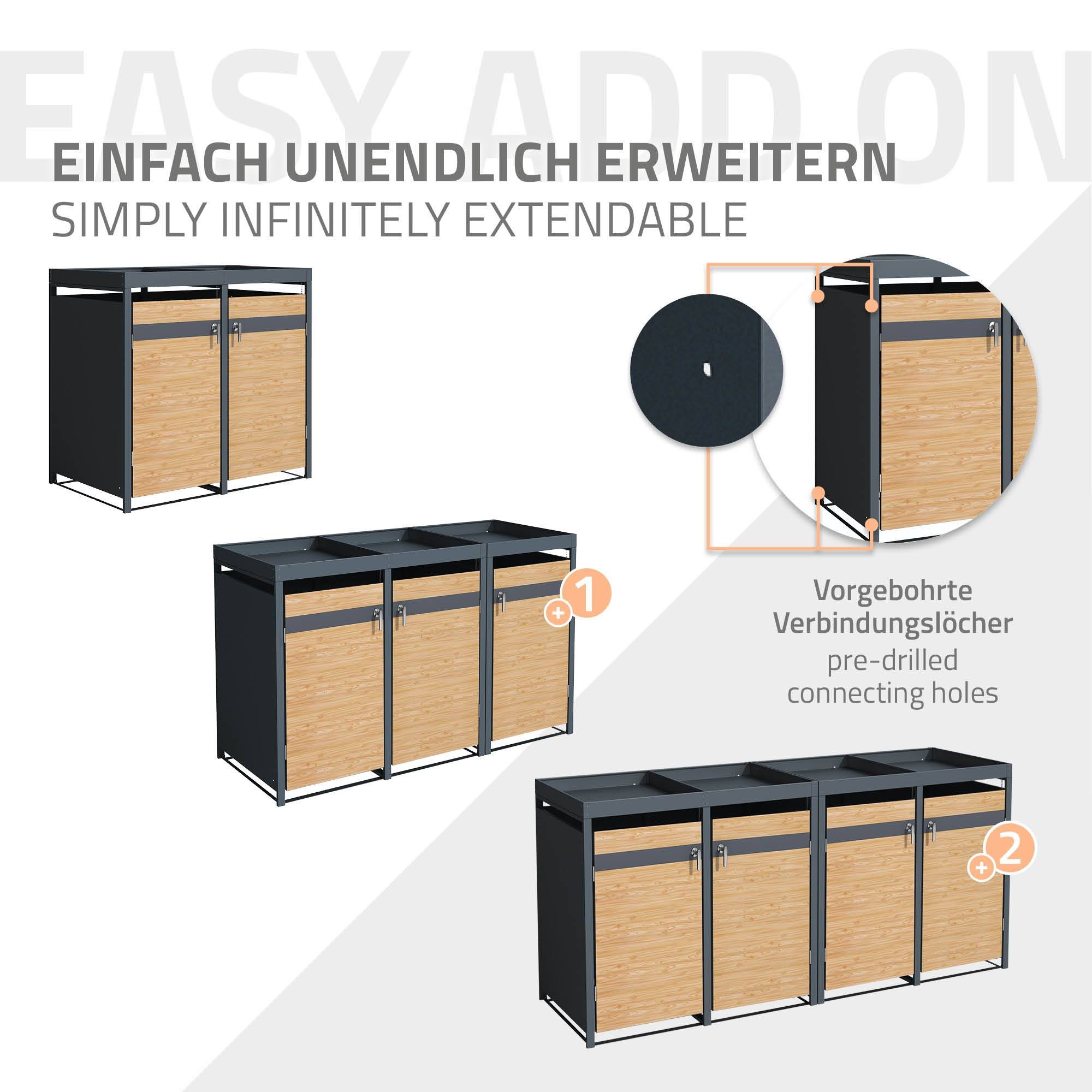 Abri pour 3 poubelles 200x80x124 cm capacité de 60L à 240L anthracite/aspect mélèze en acier avec toit pour plantes/3 portes résistant aux intempéries - Image 7