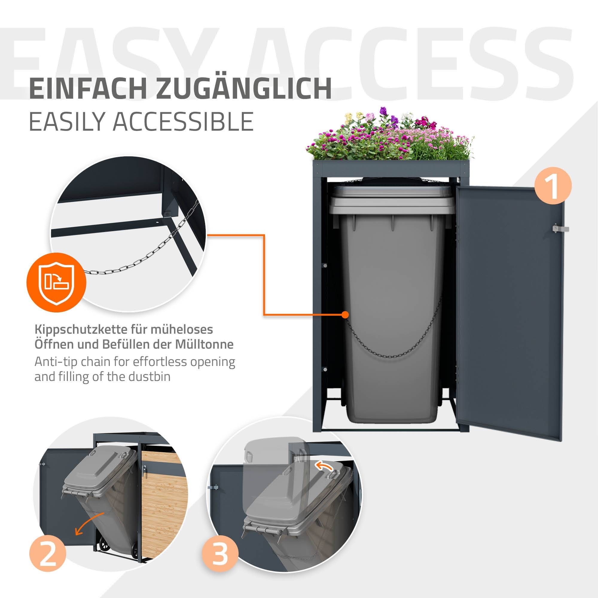 Abri pour 3 poubelles 200x80x124 cm capacité de 60L à 240L anthracite/aspect mélèze en acier avec toit pour plantes/3 portes résistant aux intempéries - Image 4