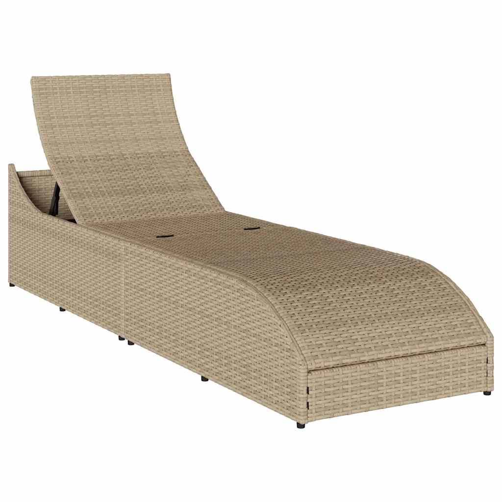 Chaise longue | Transat | Bain de soleil pliante coussin et rangement beige résine tressée - Image 10