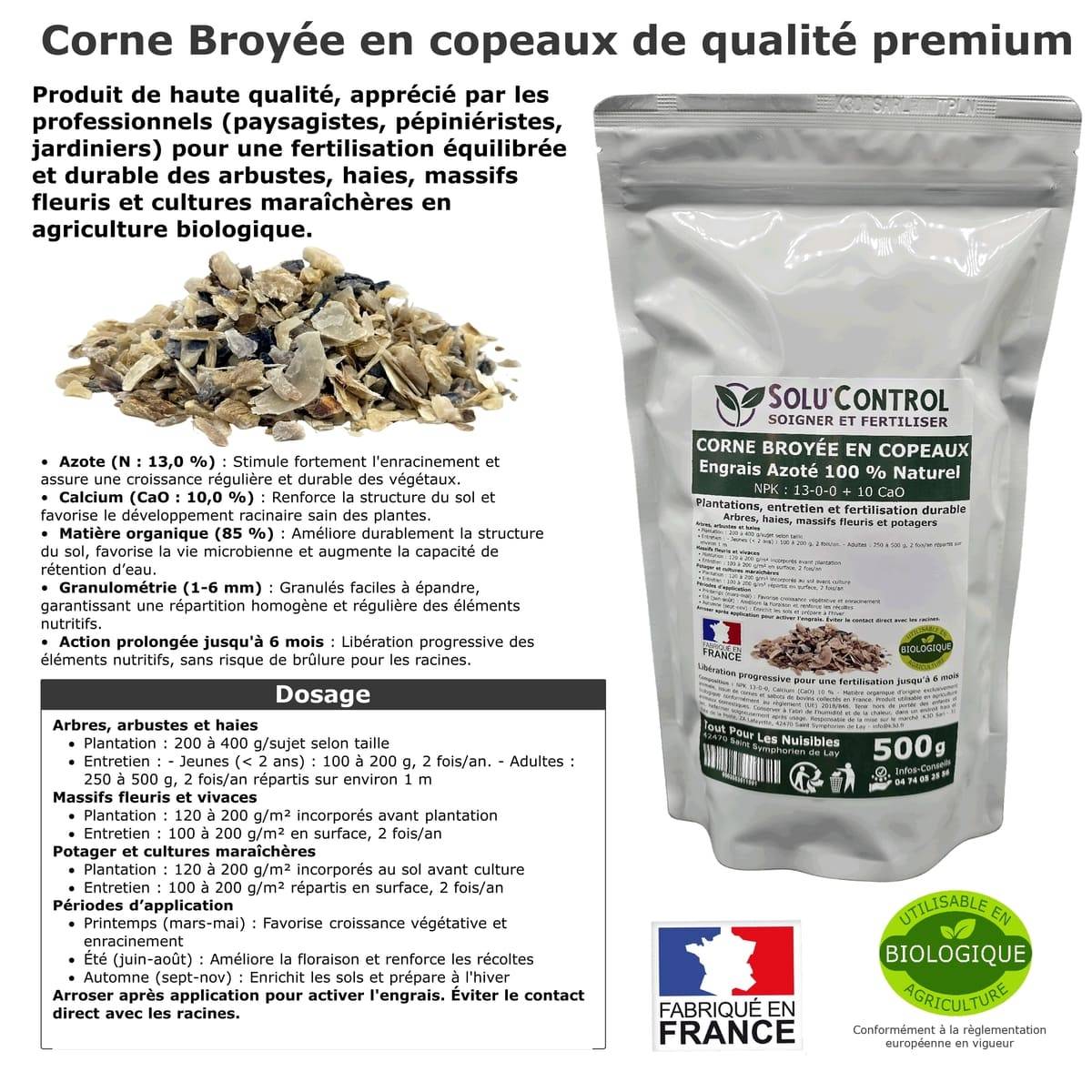 SOLU’CONTROL - 500 g de Corne Broyée en Copeaux - Engrais Azoté 100 % Naturel - Fertilisation Équilibrée pour Arbustes, Haies et Massifs Fleuris - Image 2