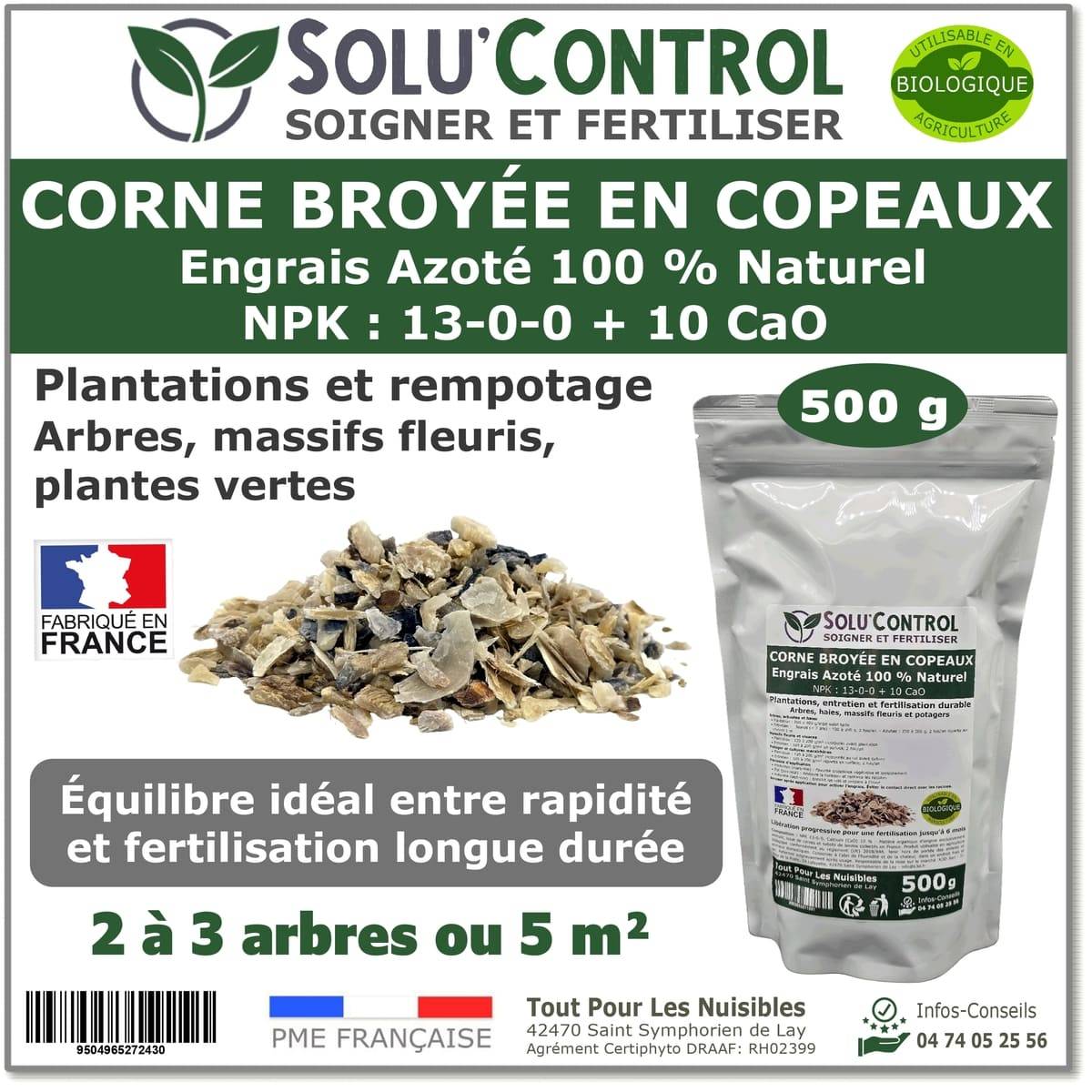 SOLU’CONTROL - 500 g de Corne Broyée en Copeaux - Engrais Azoté 100 % Naturel - Fertilisation Équilibrée pour Arbustes, Haies et Massifs Fleuris - Image 1