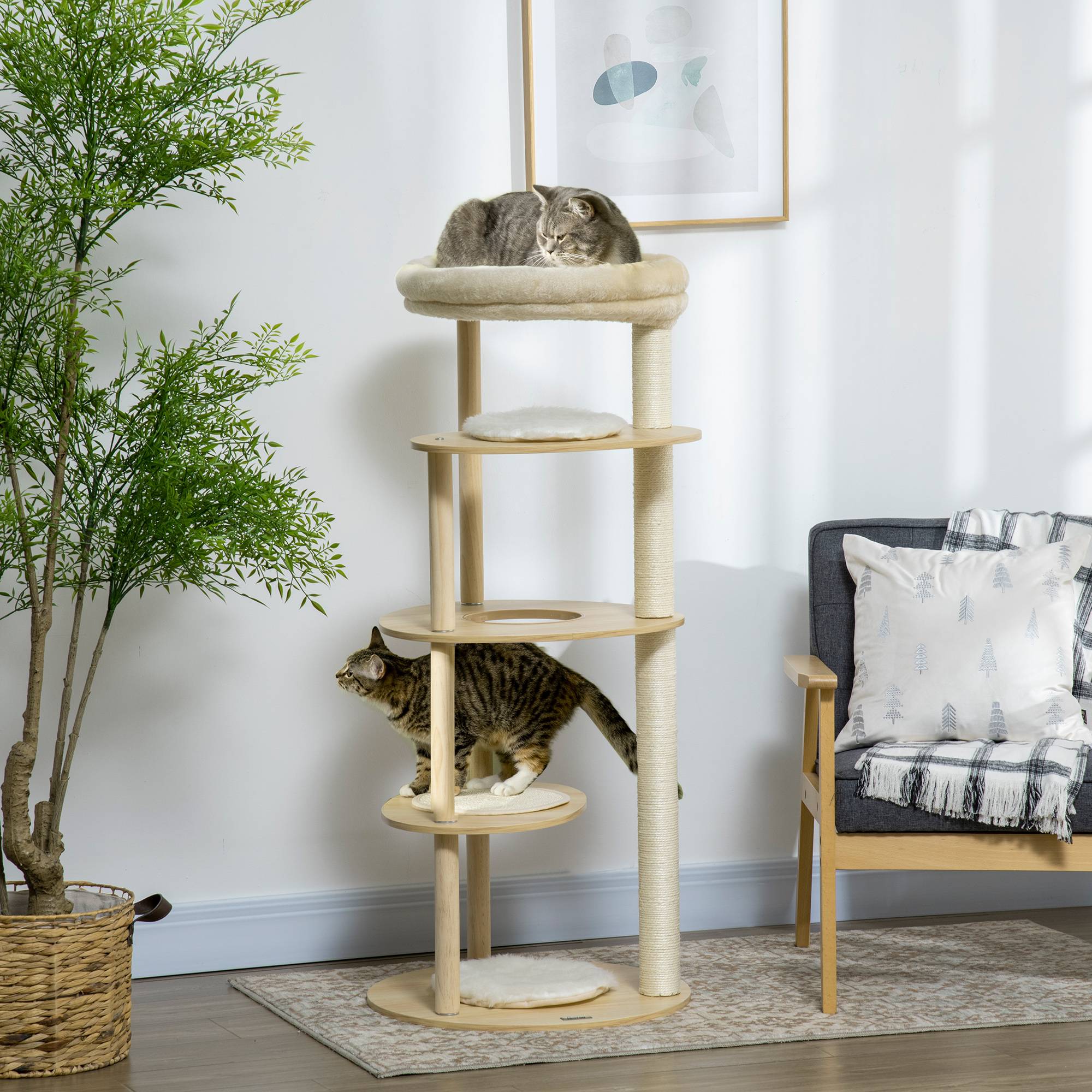 Arbre à chat design en bois et peluche pour chat avec coussin amovible 123,5 cm - ComfortXL Outdoor Living - Image 3