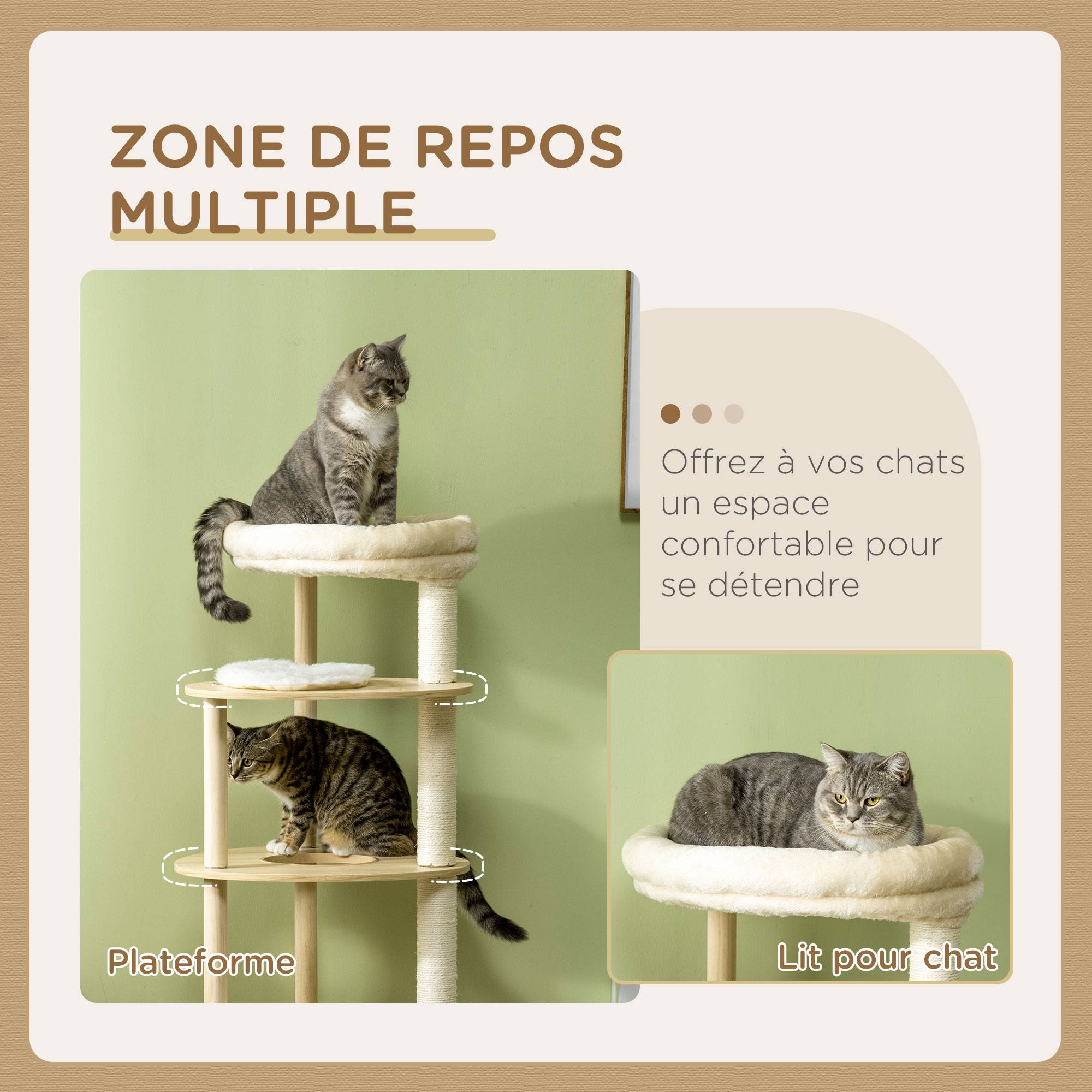 Arbre à chat design en bois et peluche pour chat avec coussin amovible 123,5 cm - ComfortXL Outdoor Living - Image 7