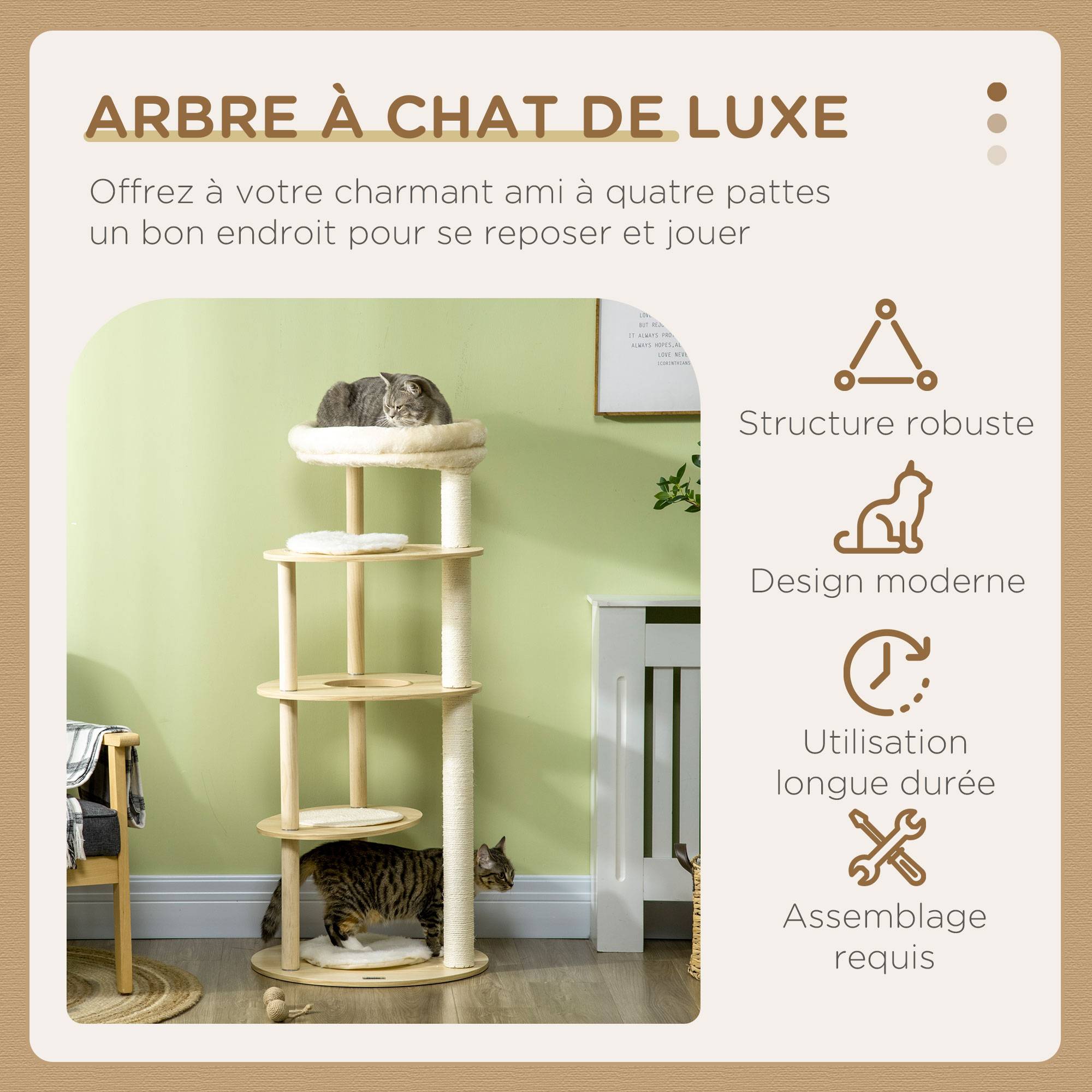 Arbre à chat design en bois et peluche pour chat avec coussin amovible 123,5 cm - ComfortXL Outdoor Living - Image 6