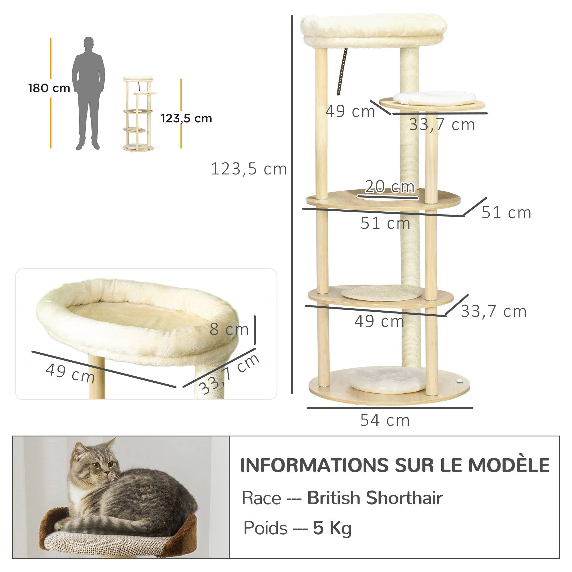 Arbre à chat design en bois et peluche pour chat avec coussin amovible 123,5 cm - ComfortXL Outdoor Living - Image 5