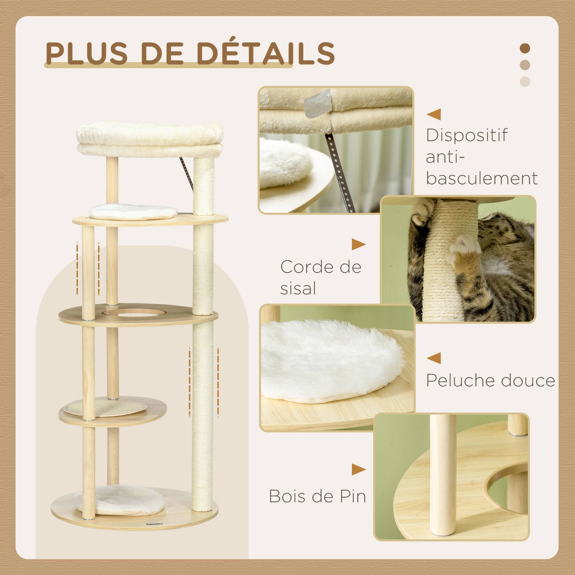Arbre à chat design en bois et peluche pour chat avec coussin amovible 123,5 cm - ComfortXL Outdoor Living - Image 8