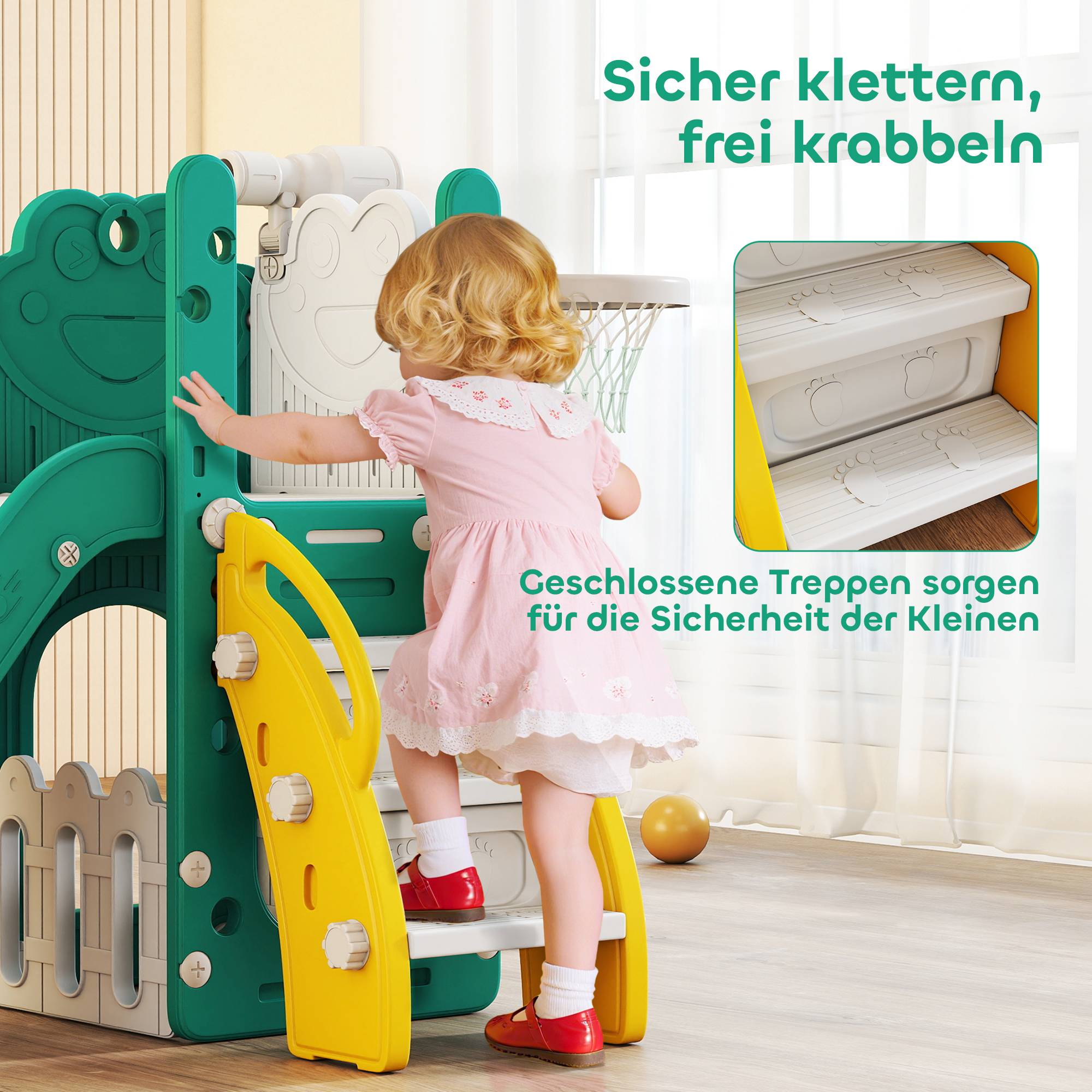 Ensemble de jeu 5 en 1 pour enfants : toboggan télescopique, panier de basket, plastique, jaune et vert. - Image 9